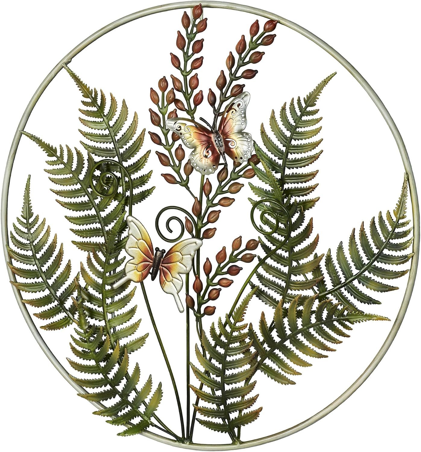 Fern Leaf Nature Metal Wall Sculpture | Handpainted Green, Brown, Ivory, and Gold Earth Tones | Dimensional Textured Botanical Fern Frond Round Wall Art | Textured Metallic Butterfly Circle Wall Decor