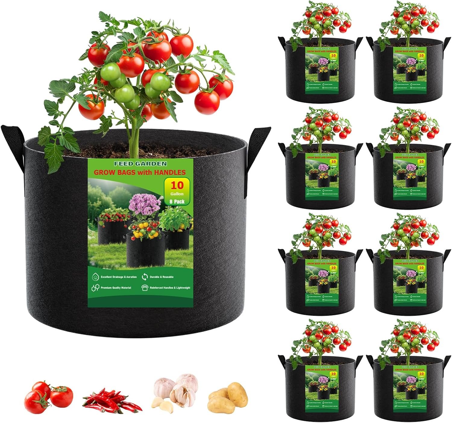 FEED GARDEN 10 Gallon Grow Bags 8 Pack – 300G Thickened Fabric Plant Pots with Reinforced Handles, Breathable Drainage Planters for Vegetables, Tomatoes, Herbs, Indoor & Outdoor Gardening