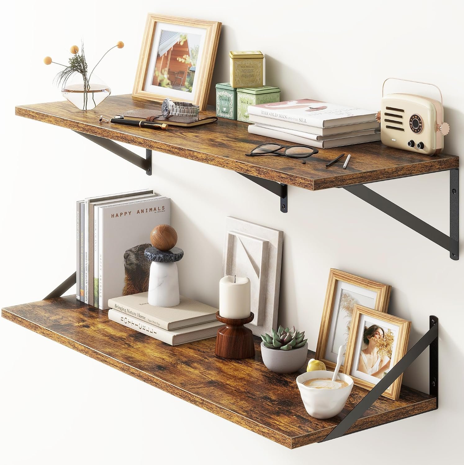 36″W x 12″D Floating Shelves, Deep Floating Shelves with Brackets, 12 Inch Deep Wall Shelves for Books, Wide Display Storage Shelves for Bathroom, Living Room, 36 Inch Long, Rustic Brown, Set of 2
