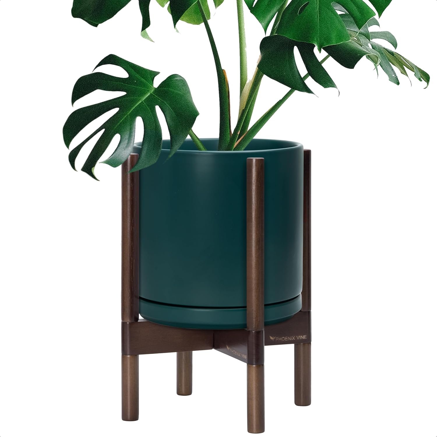 D’vine Dev Ceramic Pot with Walnut Wood Stand, Teal, 10 in, 55-B-X-4