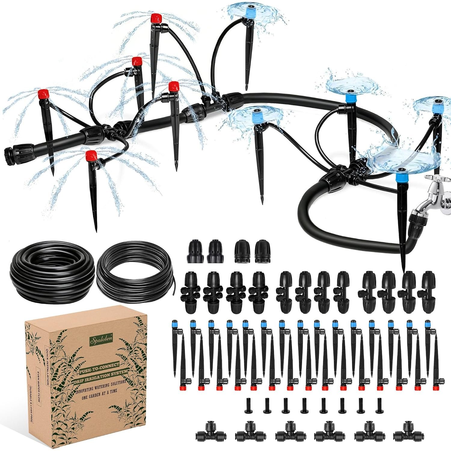 Push-to-Connect Drip Irrigation System Kit, Complete Premium Garden Watering System with 50FT 1/2″ Mainline, Leak-Resistant Quick Connect Fittings, Adjustable Drip Emitters for Raised Beds, Greenhouse