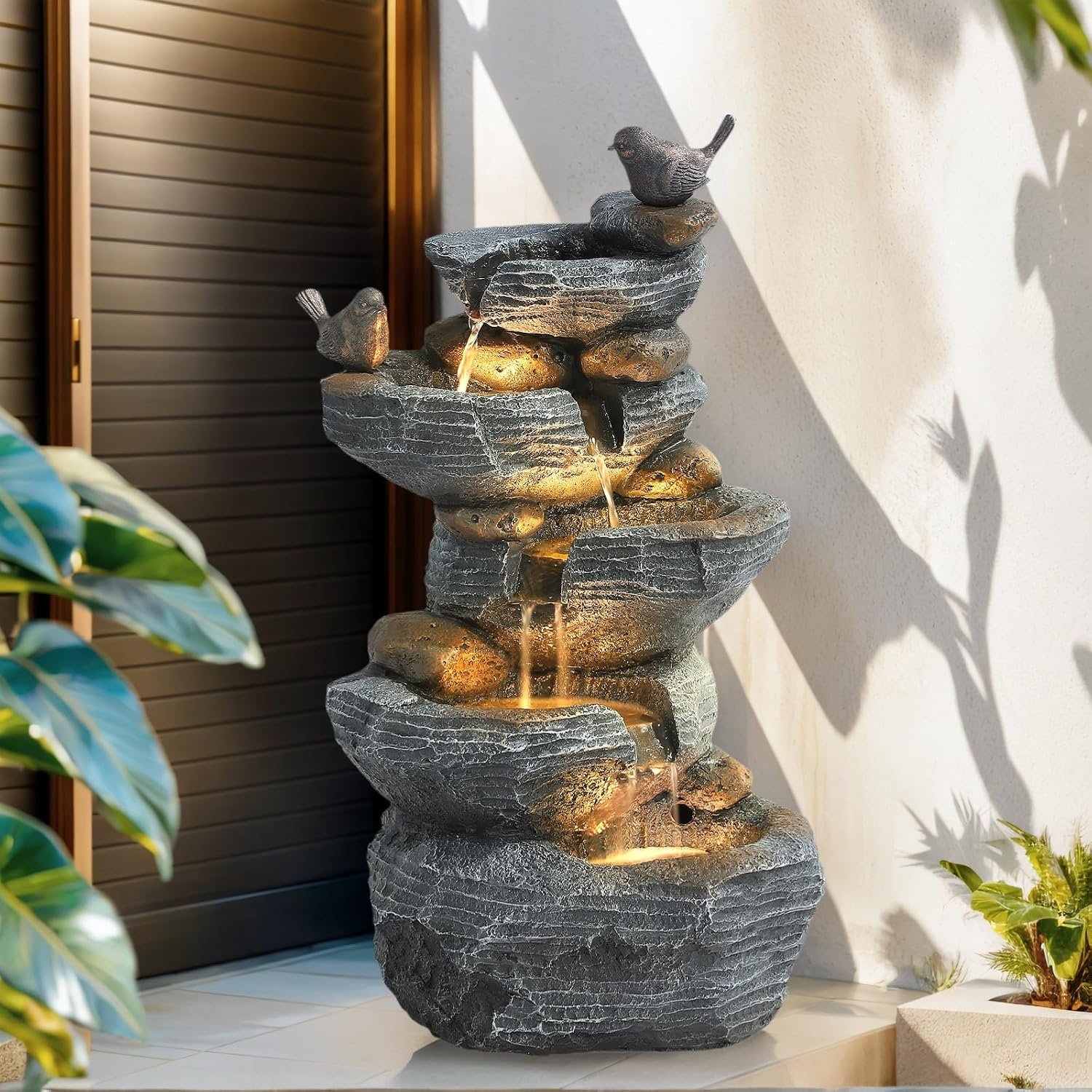 Grepatio Outdoor Water Fountain 5 Tier Cascading Rock Waterfalls Fountains with 4 LED Lights and Pump Indoor/Outdoor Modern Floor Standing Garden Water Fountain for Yard, Patio, House Decor