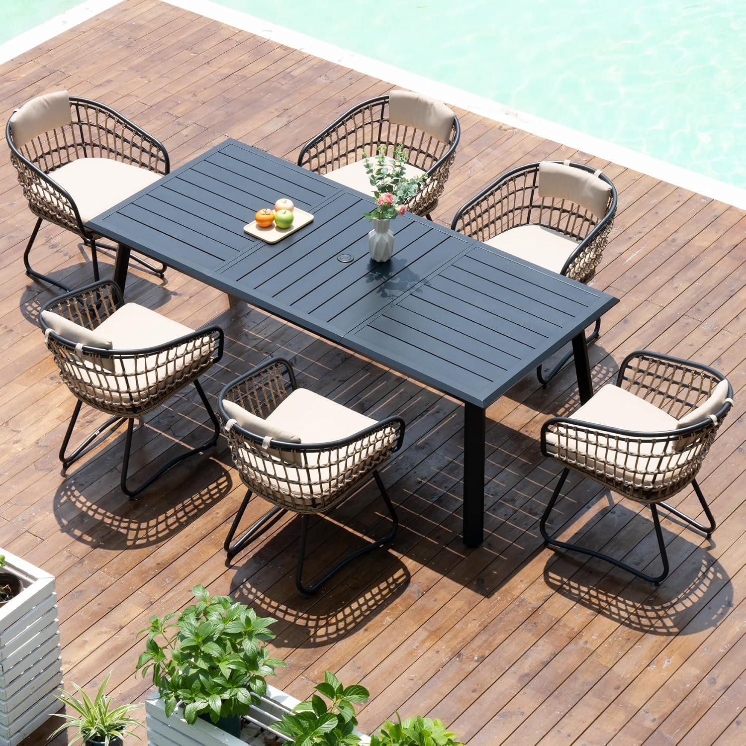 Pellebant 7 Piece Outdoor Dining Set for 6, Aluminum Table & Wicker Chairs