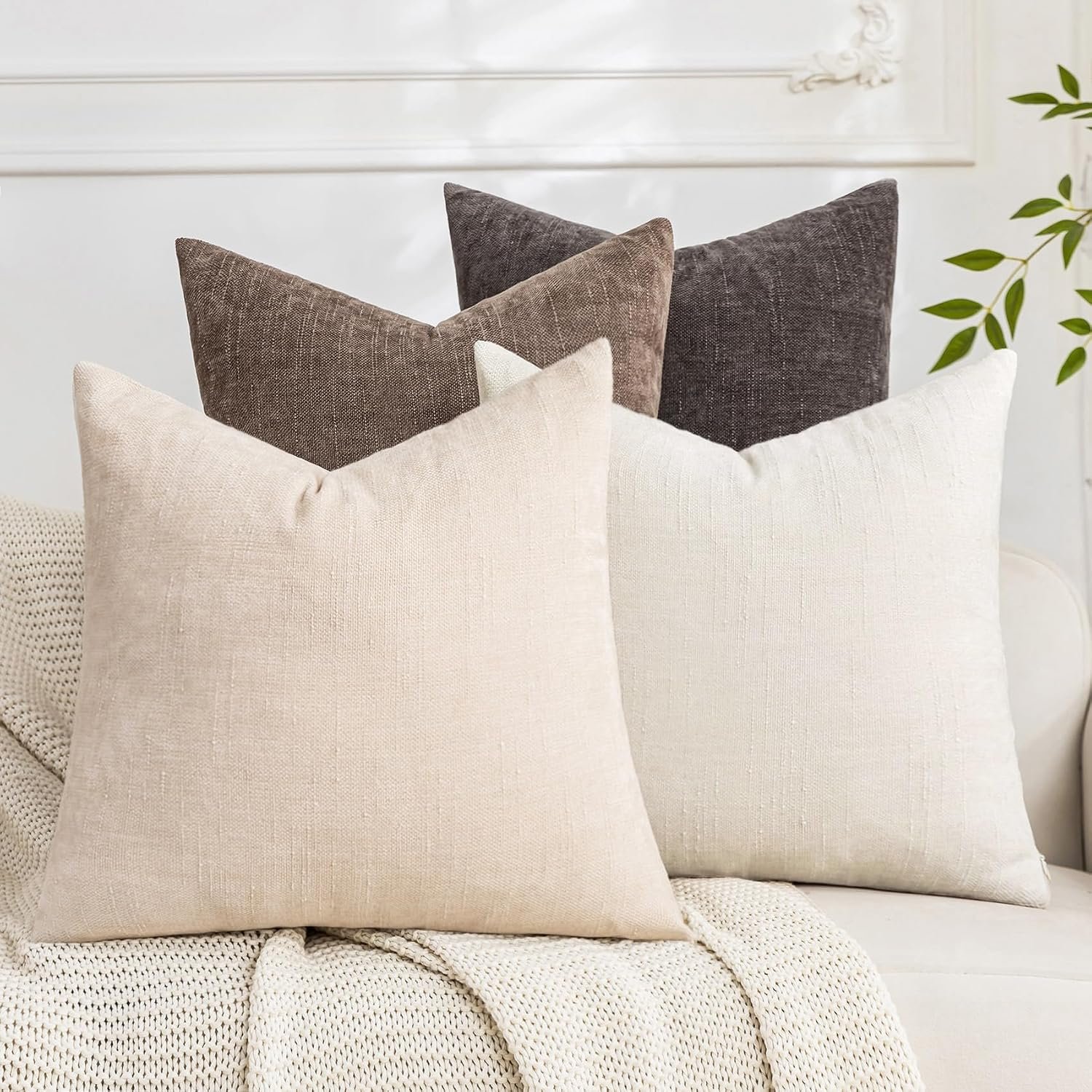 Set of 4 Soft Textured Throw Pillow Covers 18×18 Inch Cozy Decorative Farmhouse Cushion Cover Square Accent Pillow Cases for Bed Couch Sofa Living Room, Neutral