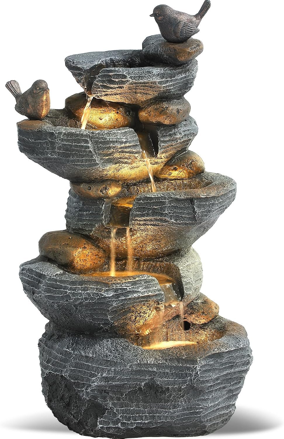 Grepatio Outdoor 5-Tiers Cascading Rock Water Fountain, Waterfall Fountain with 4 LED Lights, Outdoor Fountains and Waterfalls for Garden or Patio, Yard, and Deck Decor with Natural Stone Look