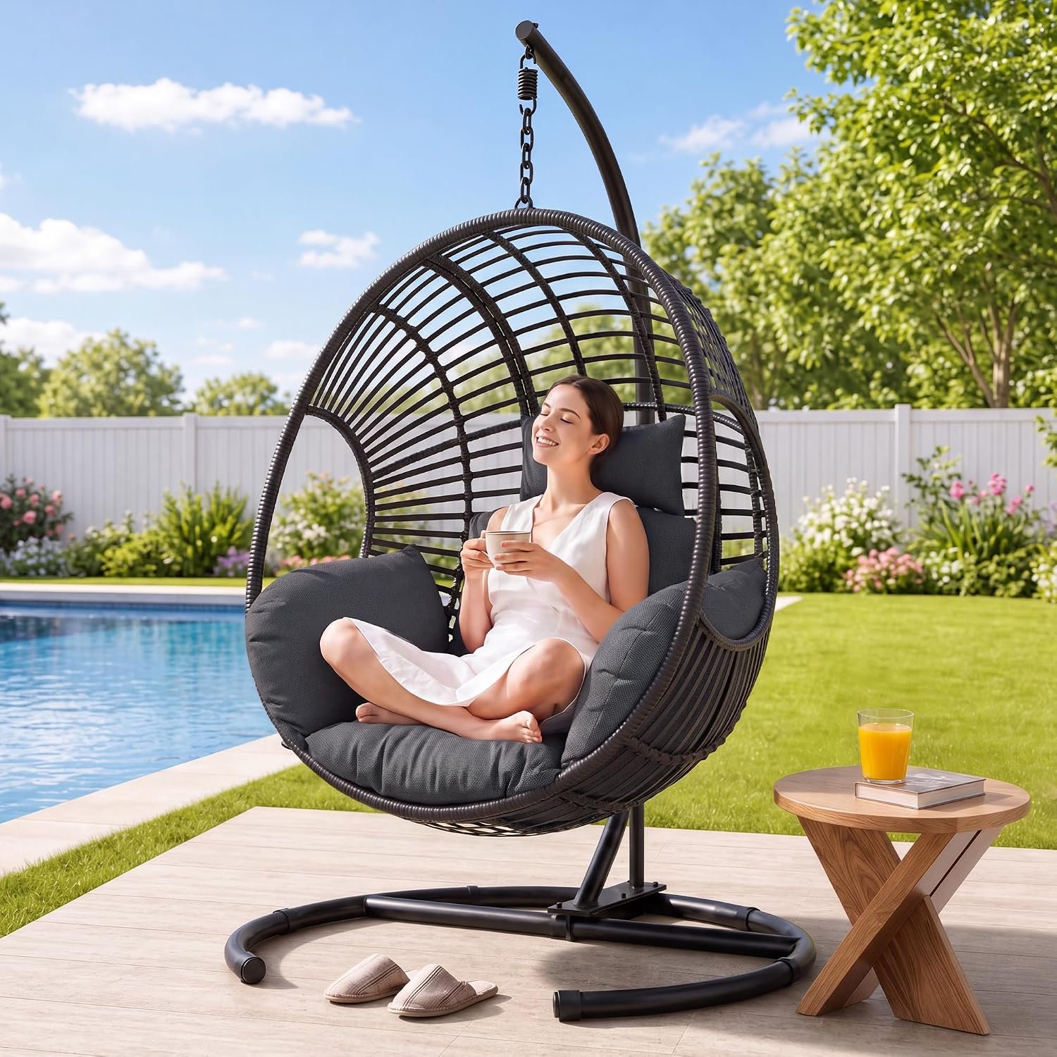 Oversized Hanging Egg Chair with Stand Outdoor Wicker Swing Chair Comfy Hammock Egg Shaped Chair 400lbs Capacity for Patio, Garden and Balcony