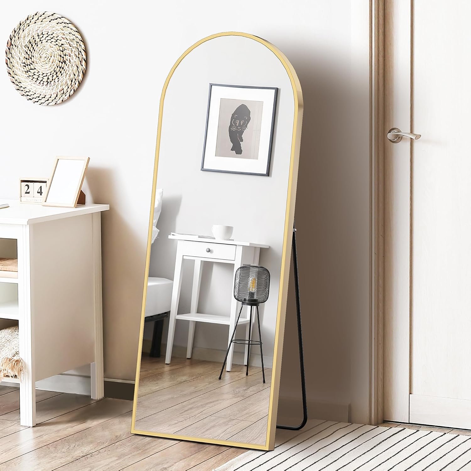 64″x21″ Arched Full Length Mirror, Full Body Mirror with Leaning or Standing, Floor Standing Aluminum Frame for Bedroom, Livingroom, Cloakroom, Gold