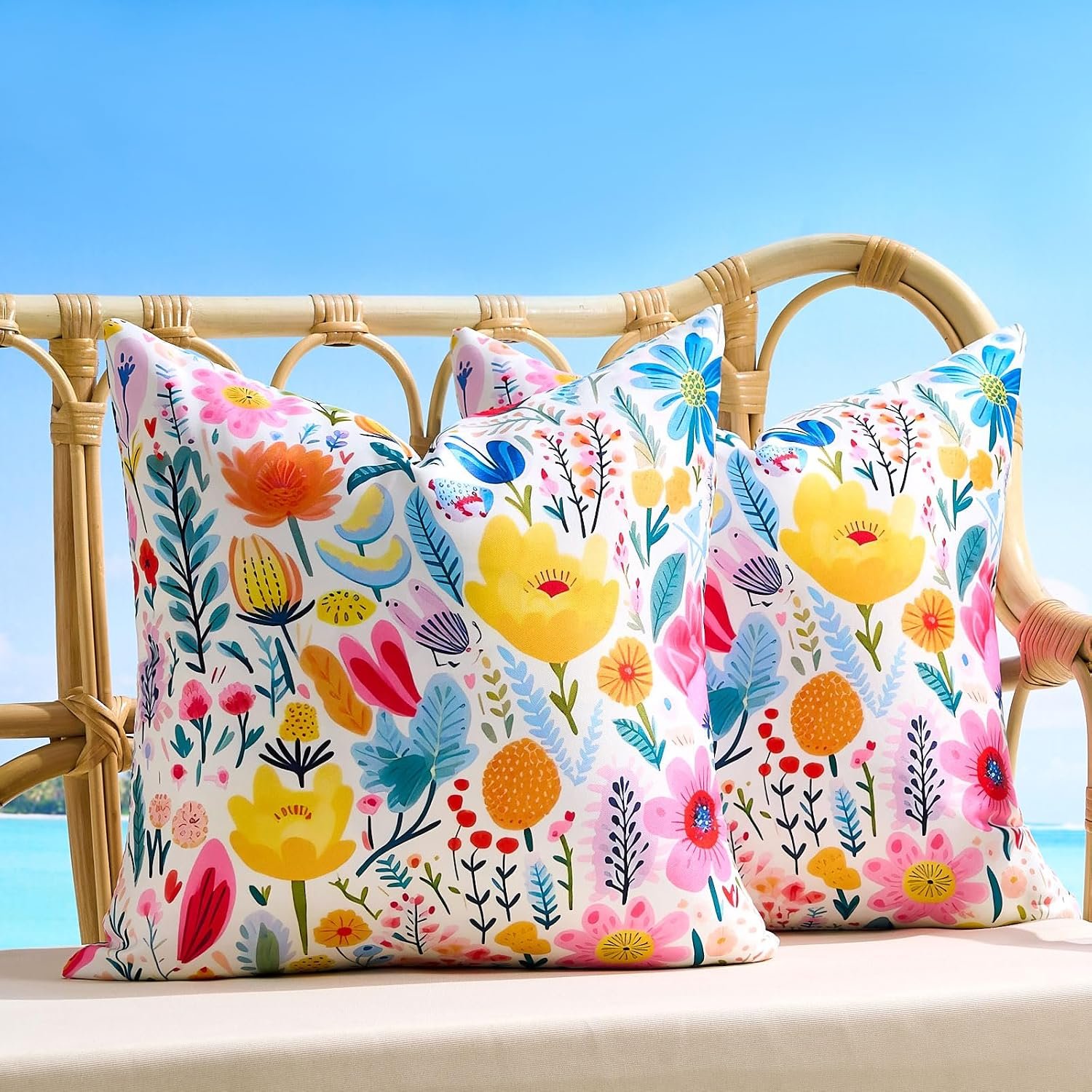 Outdoor Pillow Covers Waterproof Colorful Summer Spring 16×16 Inch Set of 2 Square Decorative Cushion Cover Zippered Patio Porch Outdoor Pillows Covers for Garden Sofa Couch Balcony Home Decor