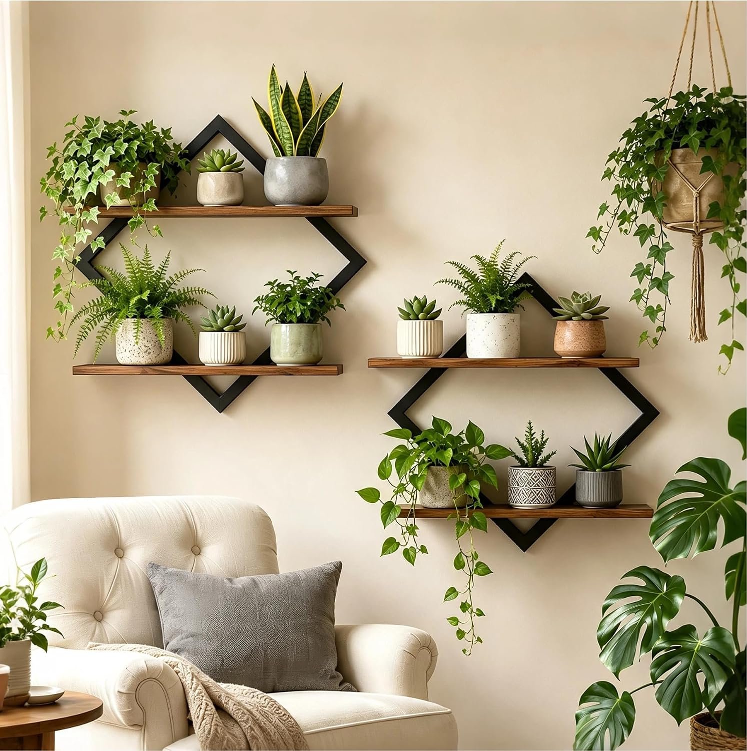 2 Pack Floating Wall Shelves Plant Holders, Brown