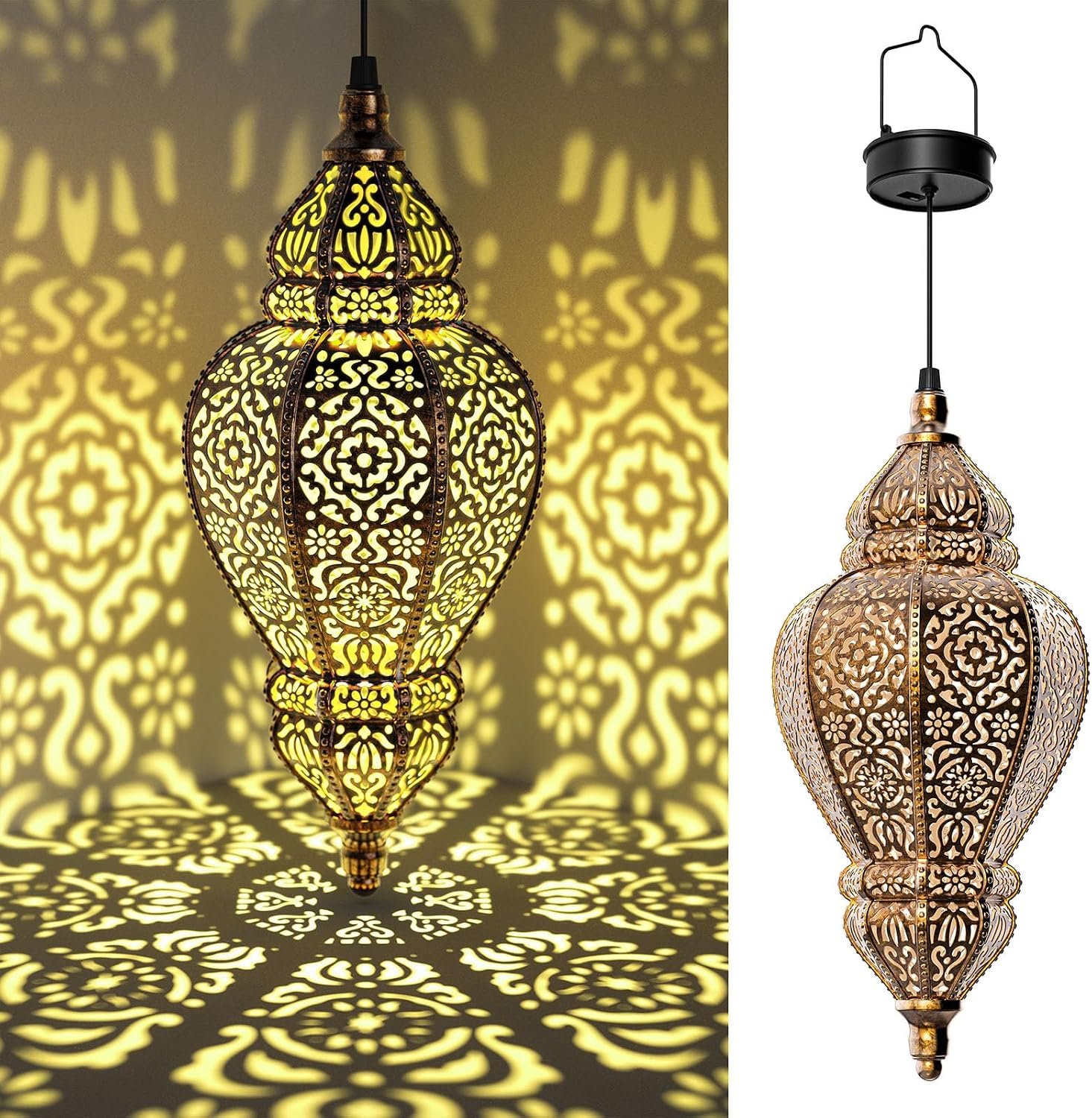 Hapjoy Moroccan Hanging Solar Lights Outdoor Lantern Bidirectional Availabili Garden Decor Waterproof Plastic Gold Decorations for Patio Pathway Yard Backyard Solar Powered Garden Decorative (2, gold)