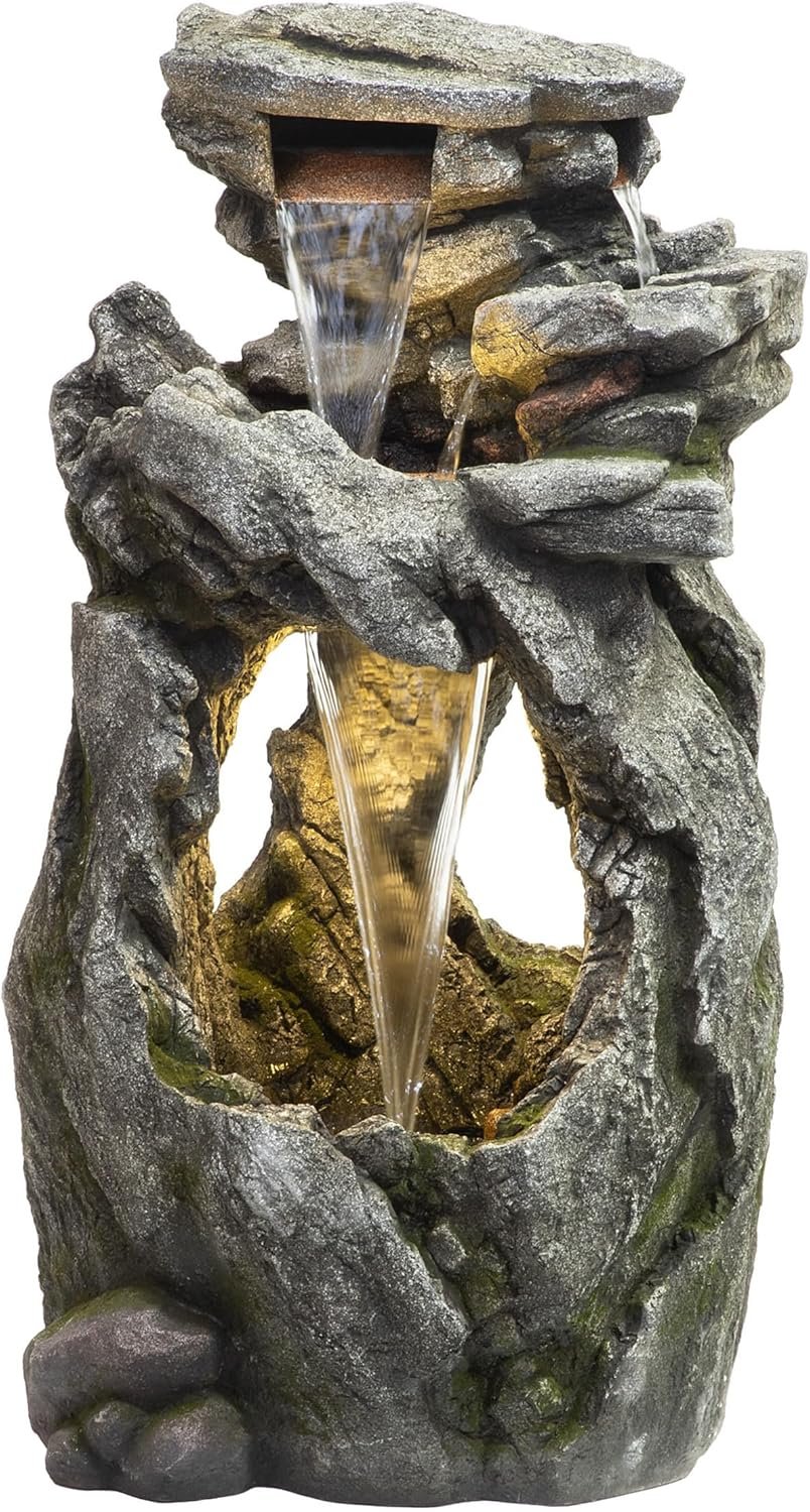 Alpine Corporation 41″ Tall Outdoor Cascading Rainforest Rock Waterfall Floor Fountain with LED for Gardens, Patios, and Yards, Brown