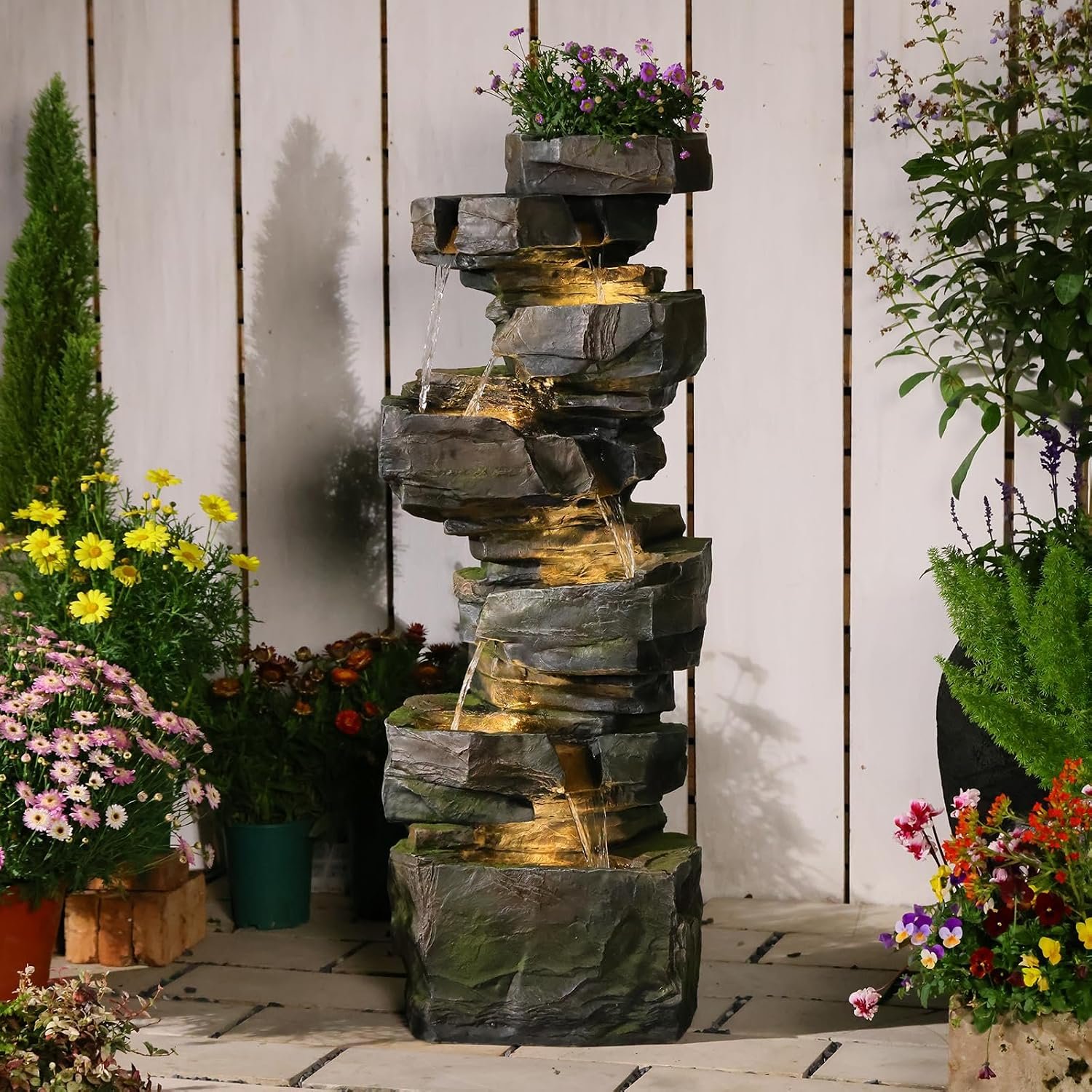 Sunlinua 48H Large Rock Cascading Outdoor Water Fountain with 6 Tiers
