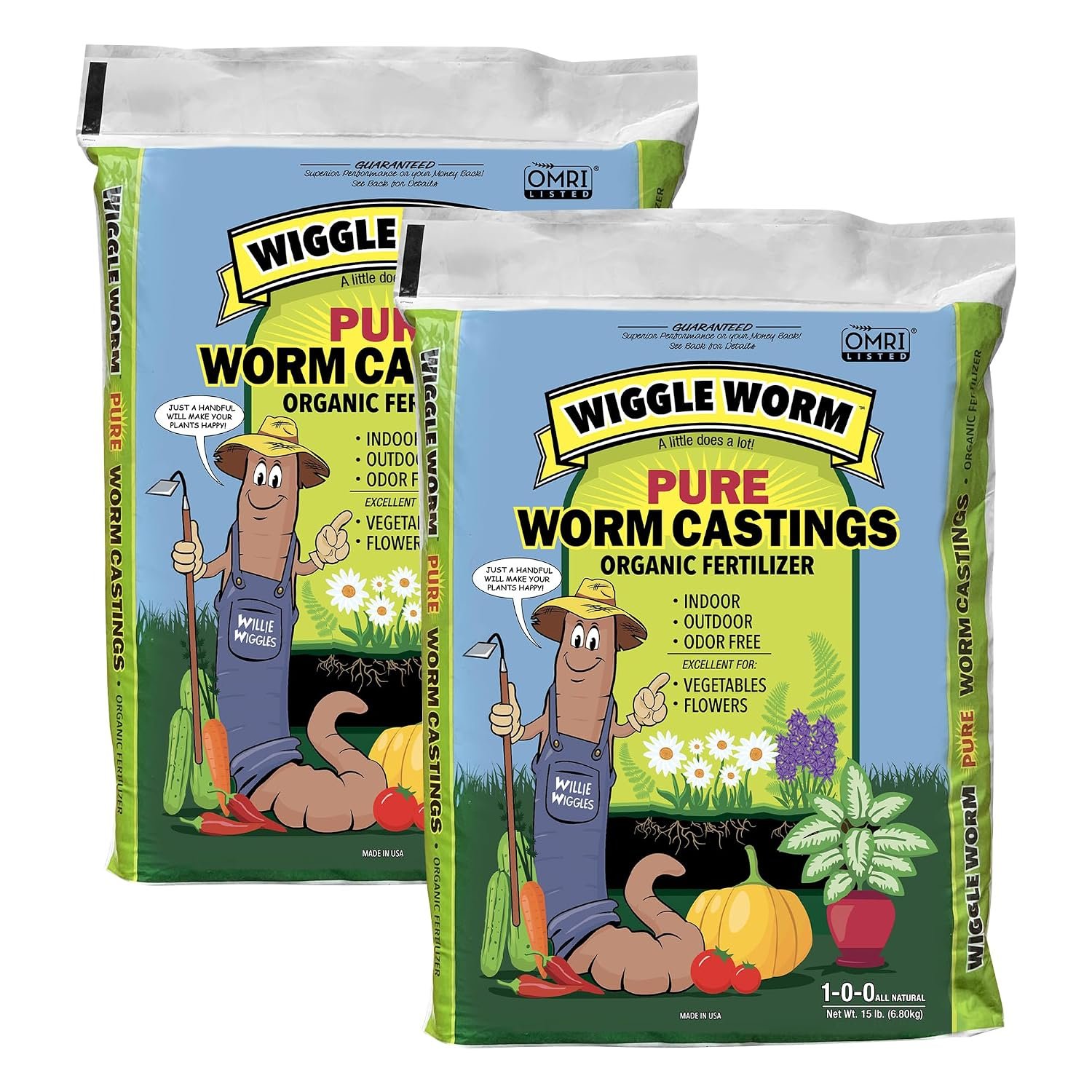 Wiggle Worm 100% Pure Organic Worm Casting Fertilizer, 15lb (Pack of 2)