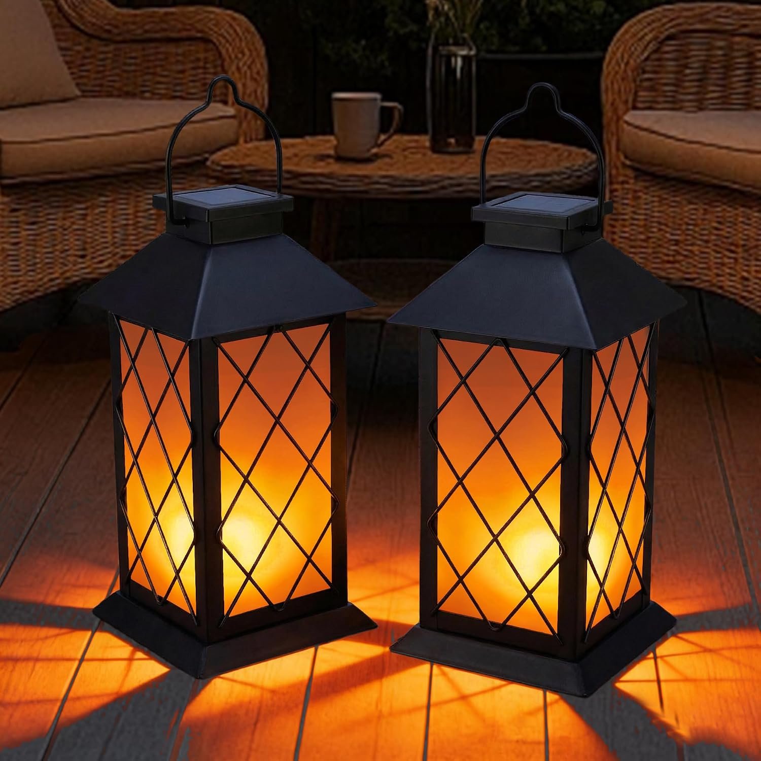 Solar Lanterns Outdoor Waterproof, 2 Pack 13″ Metal & Glass Hanging Solar Lantern Lights, Cross Pattern IP46 Decorative Outdoor Solar Lanterns for Patio Table Yard Porch Garden Decor