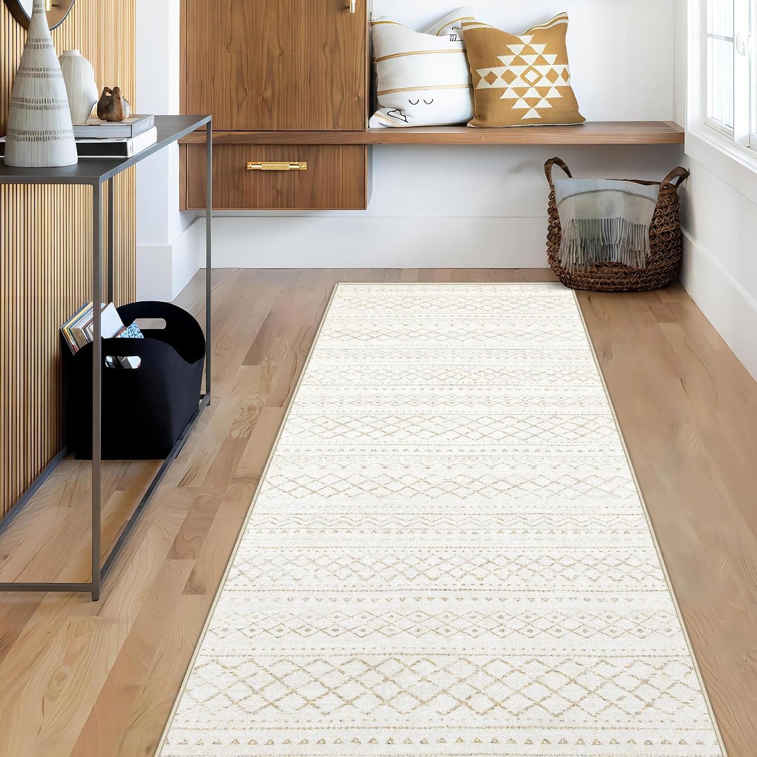 Runner Rug 2×5 Boho Geometric Area Rugs: Small Washable Kitchen Rug, Soft Non Slip Moroccan Long Hallway Rugs for Bedroom Bathroom Laundry Entryway Staircase Foyer(Beige,2X5)