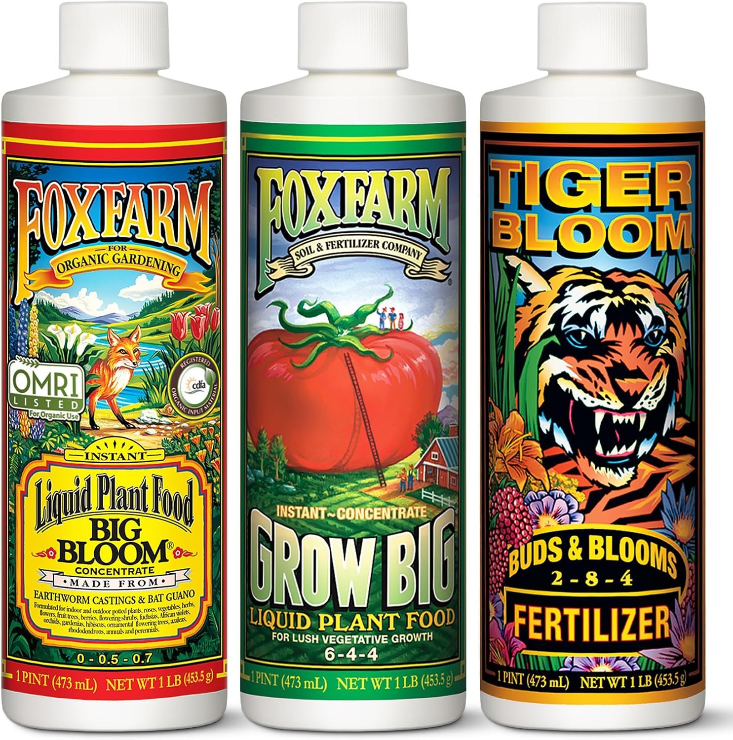 FoxFarm Soil Liquid Trio Pack – Big Bloom, Grow Big, Tiger Bloom Fertilizers Supports Vigorous Plant Growth, Bud Development & Abundant Fruit – Complete Liquid Plant Food Set – 3 Pint Bottles