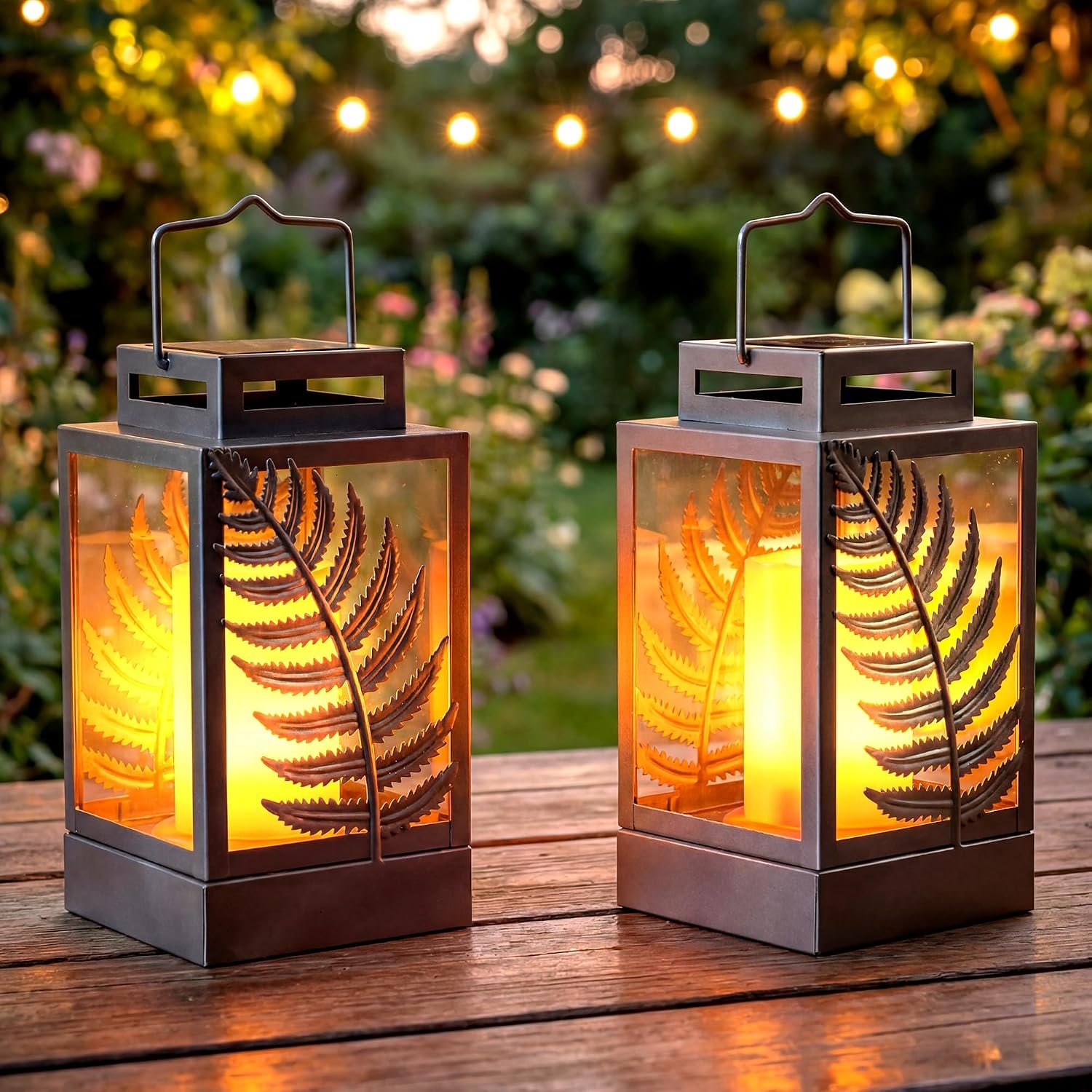 Walensee Solar Lanterns Outdoor Waterproof(2Pack Grey) Upgrade Metal Solar Powered Lantern Landscape Leaf Decorative Hanging Lighting Flickering Flame Solar Lights Outdoor for Patio Garden Deck Yard