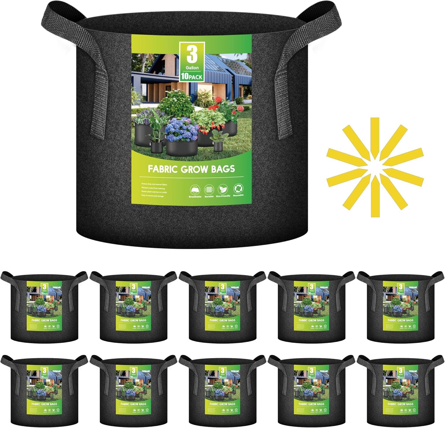 iPower 10-Pack 3 Gallon Thickened Grow Bags Nonwoven Fabric Pots Aeration Container with Strap Handles for Garden and Planting, Black