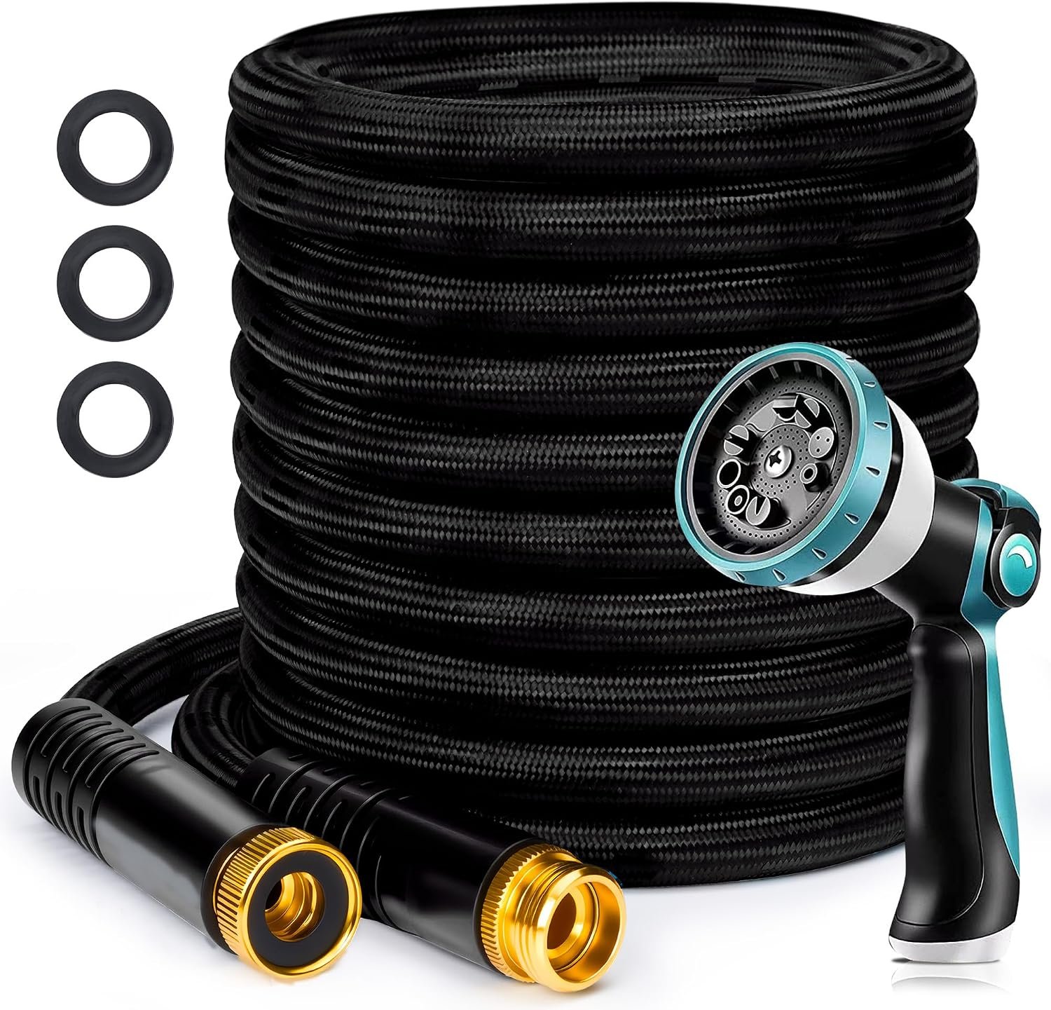 Garden Hose 50 ft, Non-Expandable Lightweight Water Hose, 360° Swivel Fittings, 10-Pattern Spray Nozzle Flexible Hose for Yard, Lawn, Ourdoor Ues