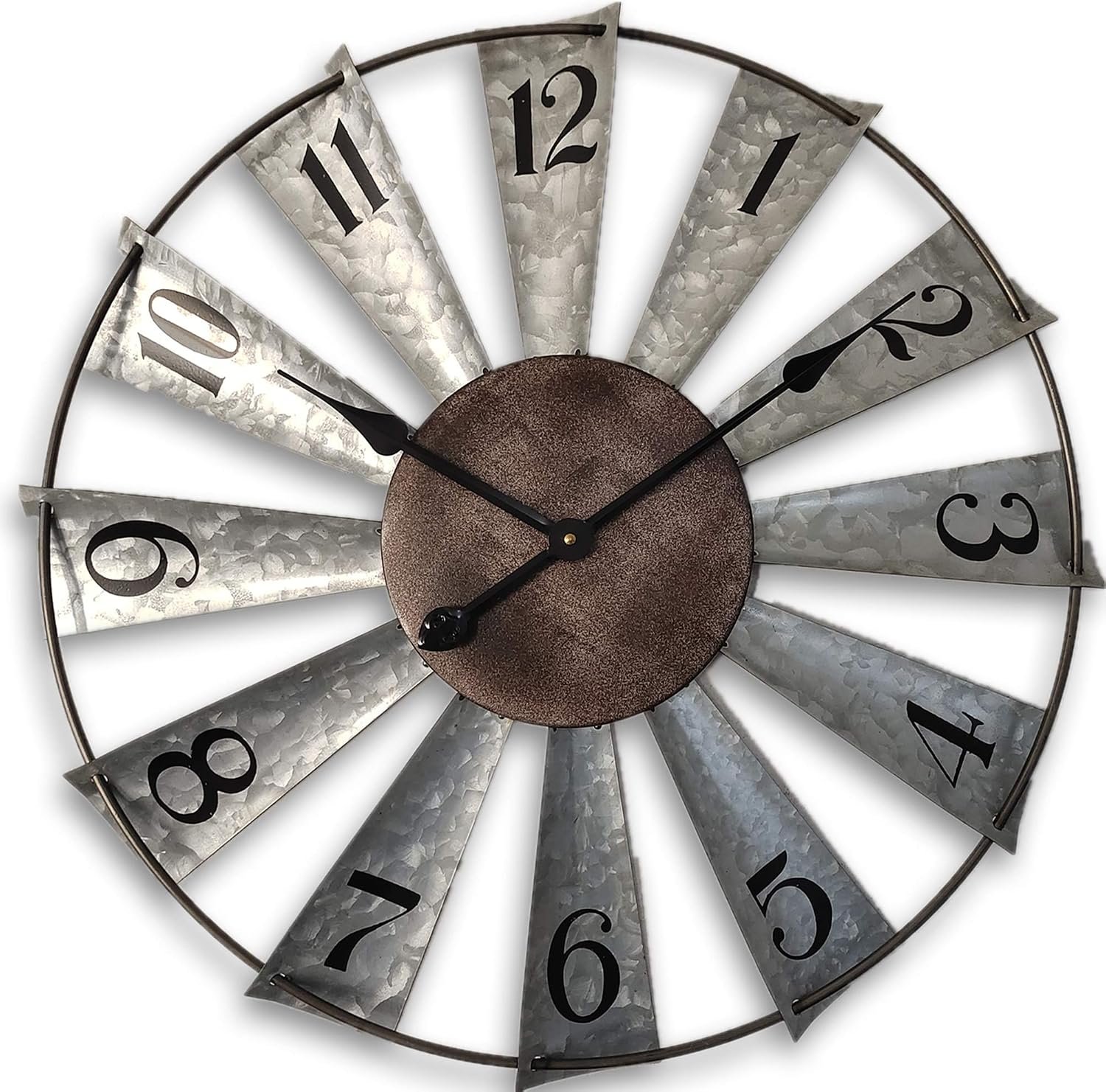Mrocioa 30inch Windmill Distressed Metal Wall Clocks Rustic Large Decorative Clock Oversized Farmhouse Decor,Non Ticking,Battery Operated, Sliver
