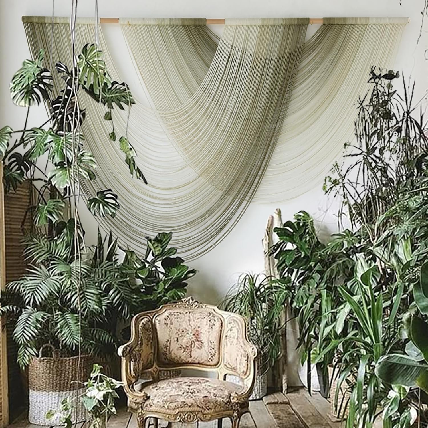 Macrame Wall Hanging Boho Tapestry Dip Dyed Ombre Moss Green 57″W*39″L