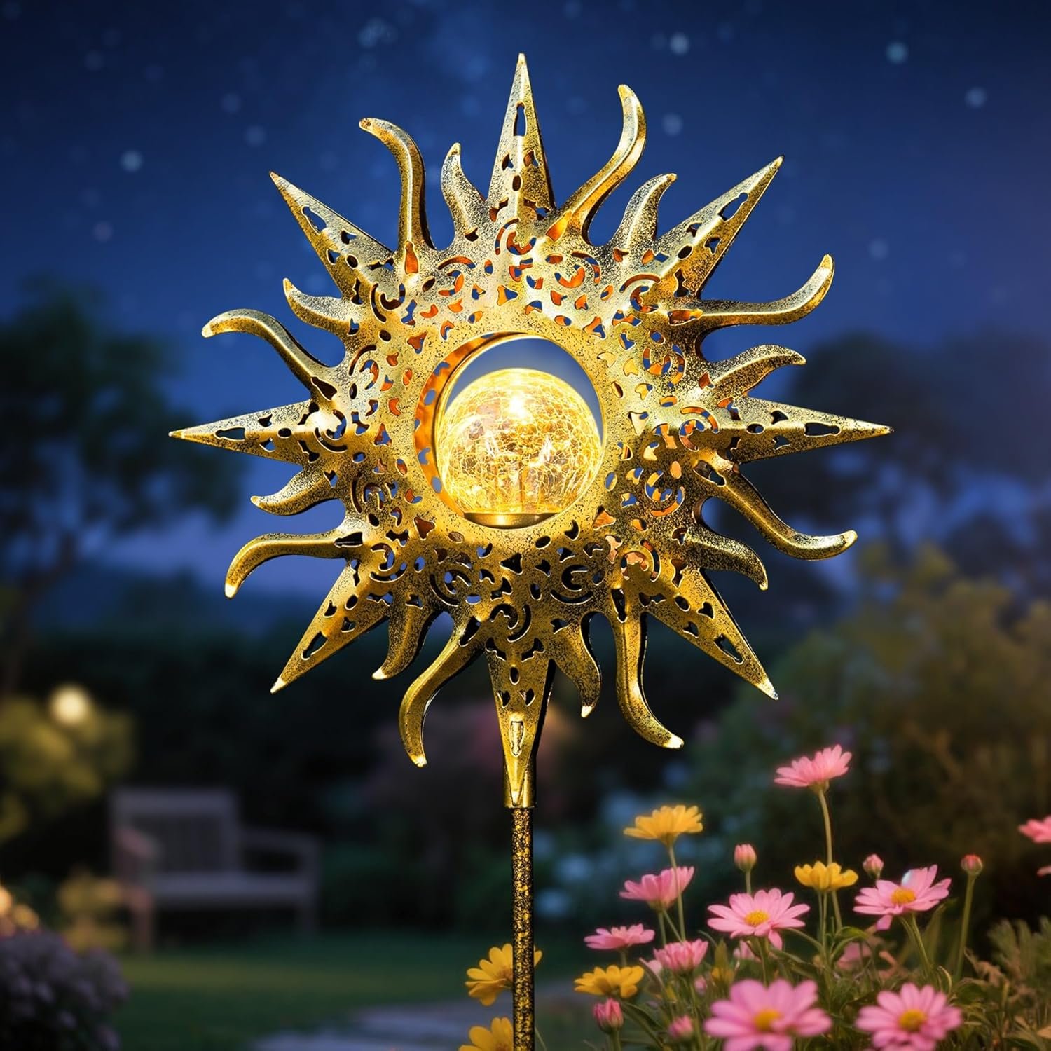 TAKE ME Sun Solar Lights Outdoor Waterproof Metal Garden Stakes for Patio Yard Walkway LawnPatio Mothers Gifts Mom Wife Grandma (Sun)