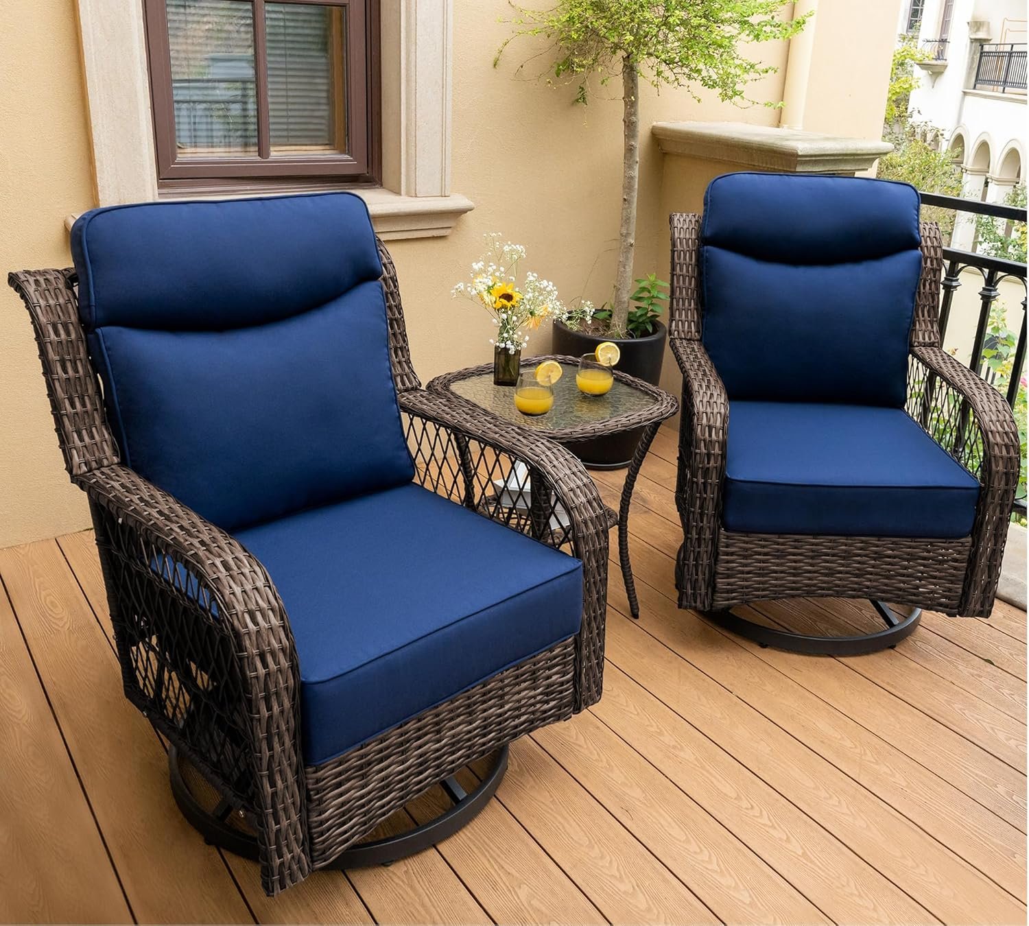 PIZZELLO 3 Pieces Outdoor Swivel Rocker Chairs with Rattan Side Table