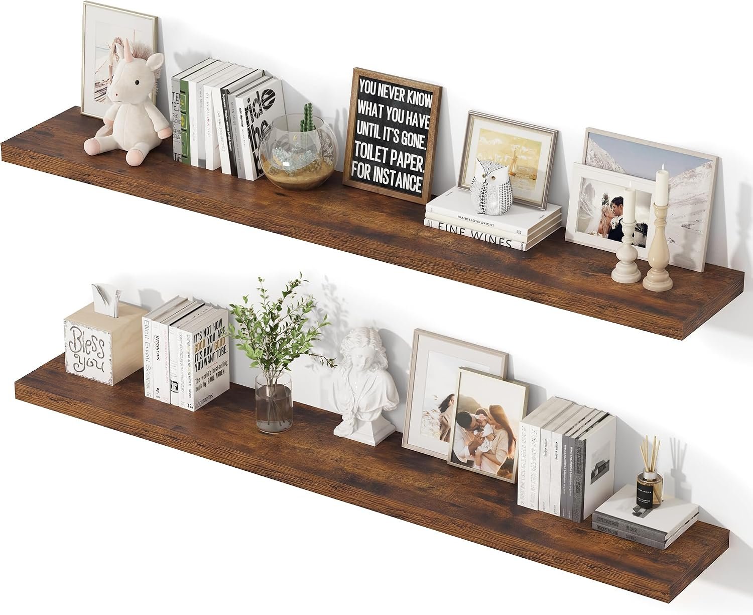 55 Inch Floating Shelves, 12 Inch Deep Floating Shelves for Wall, Extra Deeper & Thicker Wooden Wall Shelf with Invisible Brackets, Shelf for Bedroom Home Decor（Rustic Brown, Set of 2）