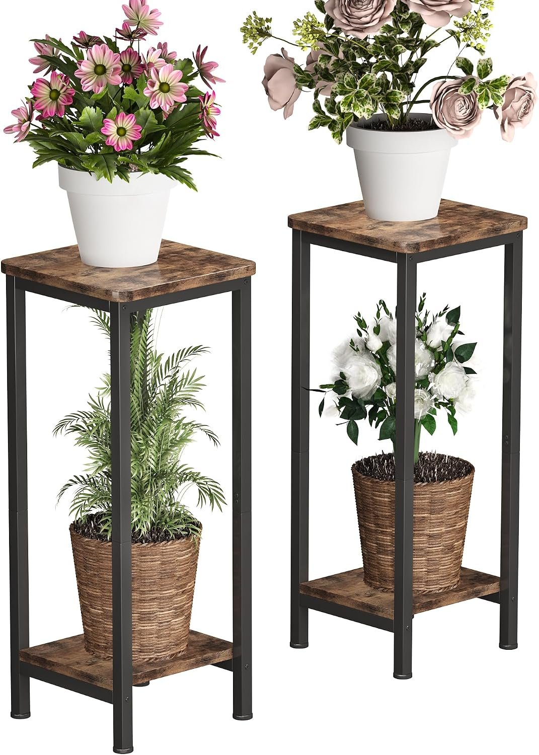 Homeiju Plant Stand Indoor, 2 Tier Wood Corner Plant Stand, Modern Square Plant Shelf Flower Stand for Living Room Patio Balcony Garden, Rustic Brown