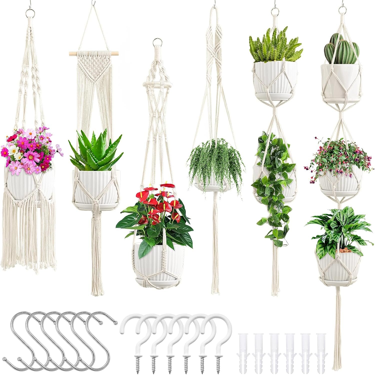 SFENNGPET Macrame Plant Hangers, 6Pack Hanging Planters for Indoor Plants