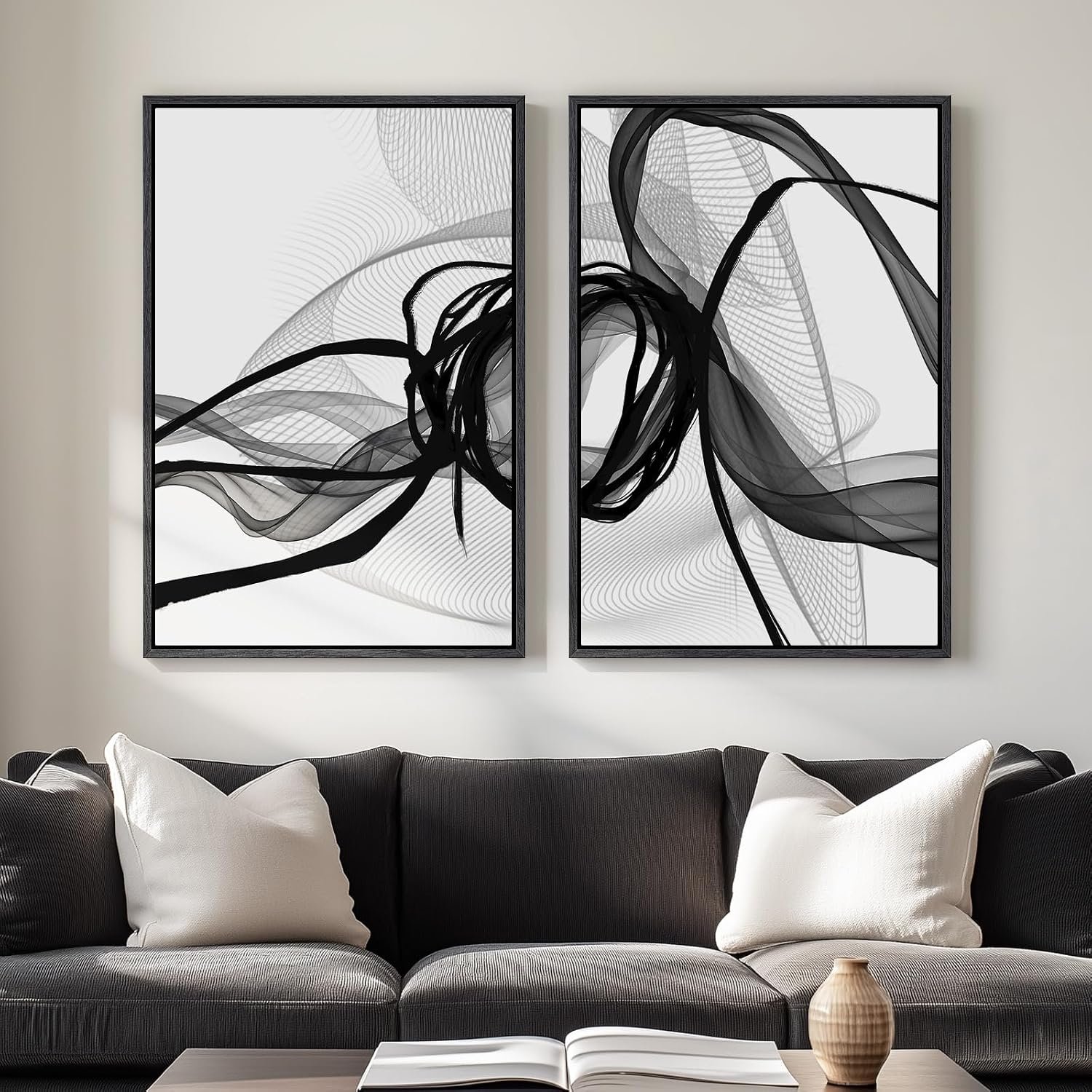 Framed Black and White Abstract Wall Art for Living Room Set of 2, 24×36 In