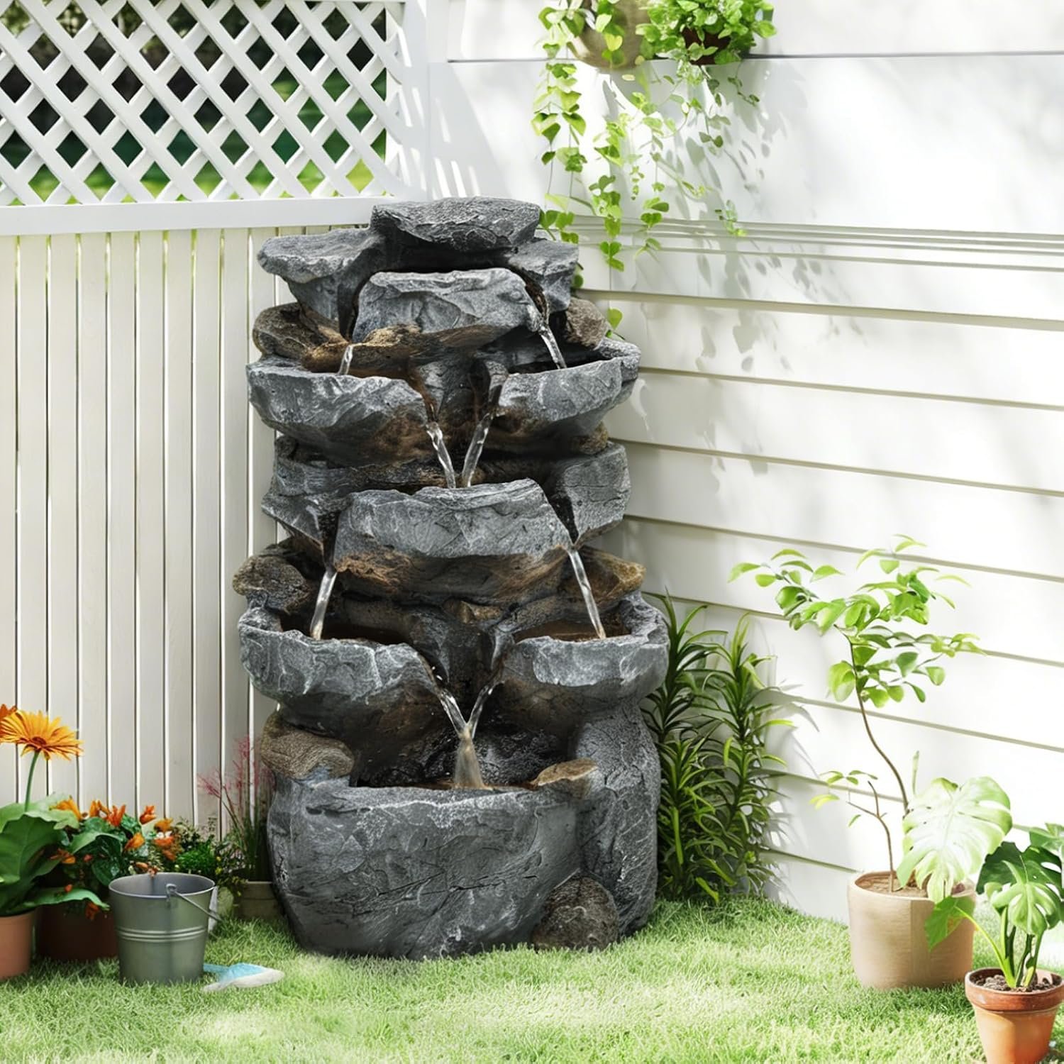 5-Tier Cascading Rock Outdoor Water Fountain with 4 LED Lights, 21.6″ High Cascading Waterfall Fountain with Whisper-Quiet Pump, Featuring Natural Stone Look for Garden, Patio, Yard, Grey