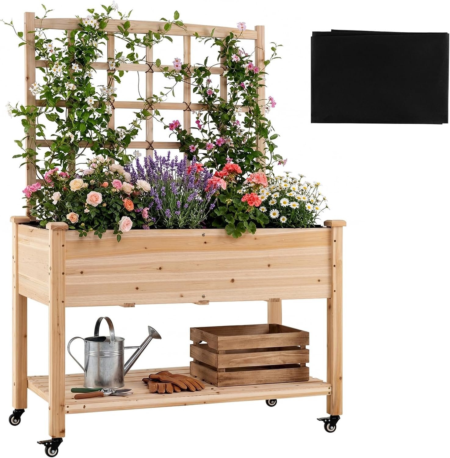 GIANTEX 65” Wooden Raised Garden Bed w/Trellis on Wheels, Mobile Elevated Planter Box w/Legs, Liner & Drainage Holes for Climbing Plant Vegetable Herb Flower, Outdoor Garden Box, Backyard Balcony