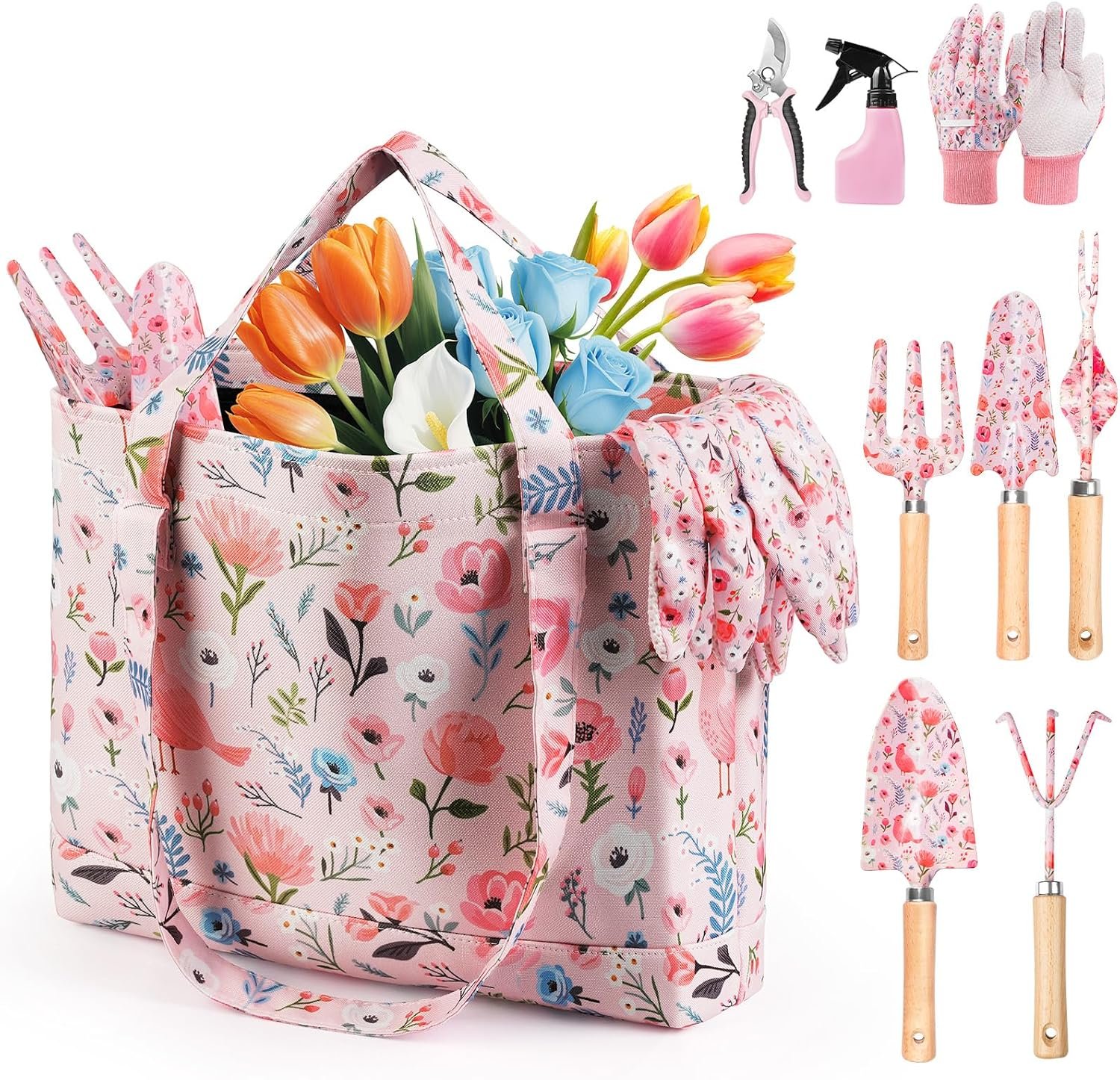 Grenebo Gardening Tools 10-Piece Garden Tool Set with Floral Bag, Pink