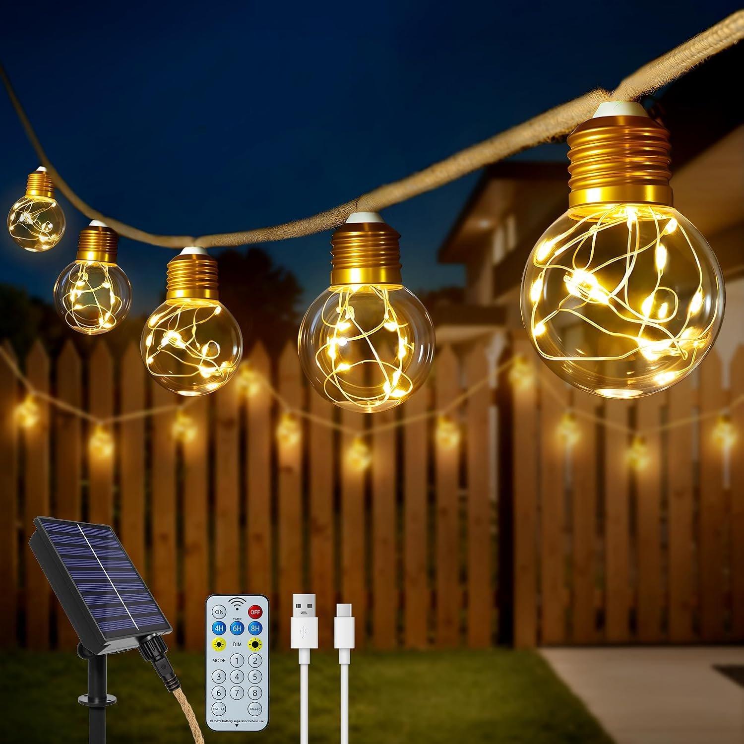 Ollny 26FT 16 Bulbs G50 Solar String Lights Outdoor Waterproof with Remote