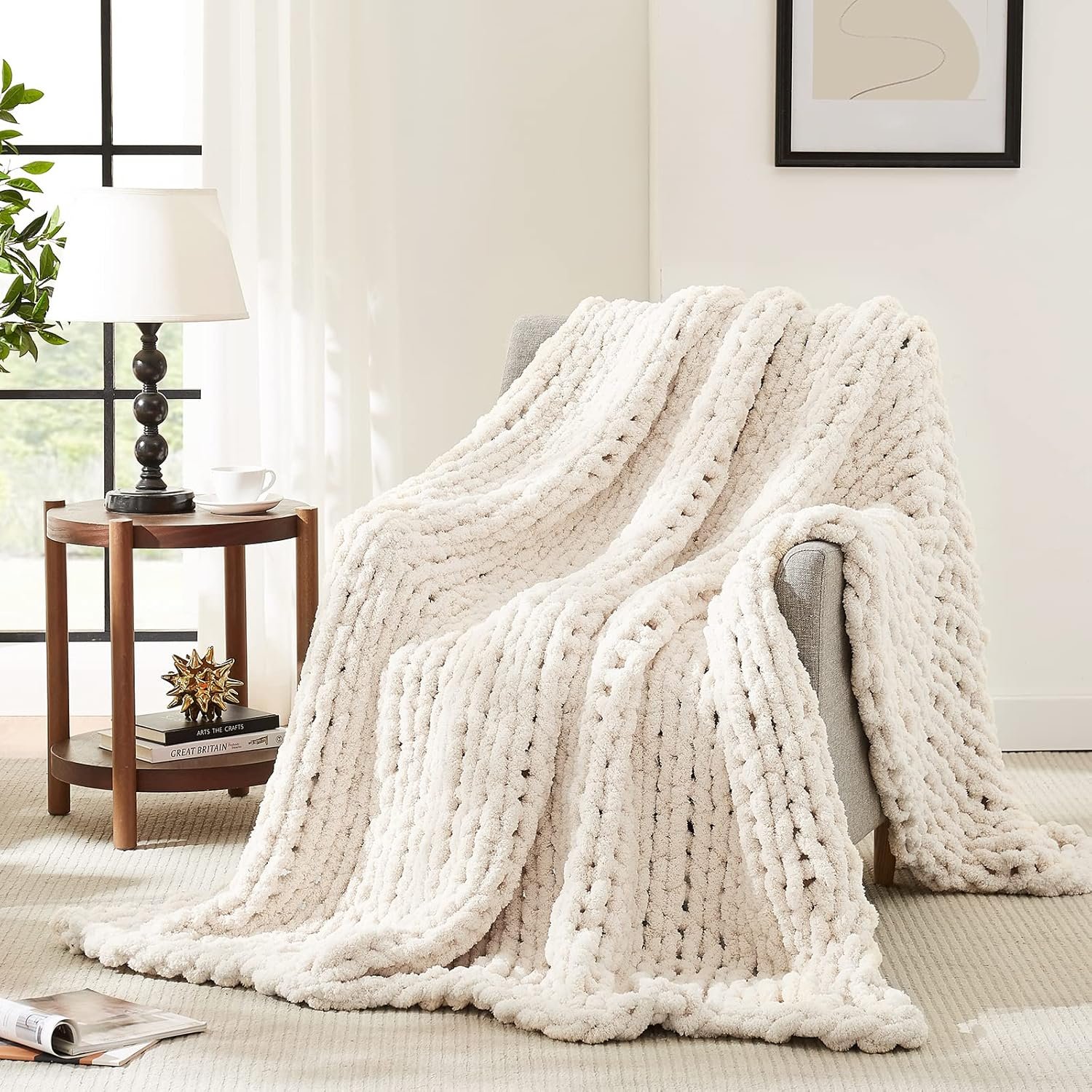 L’AGRATY Chunky Knit Throw Blanket for Couch, 50” x 60” Knit Throw, Ivory