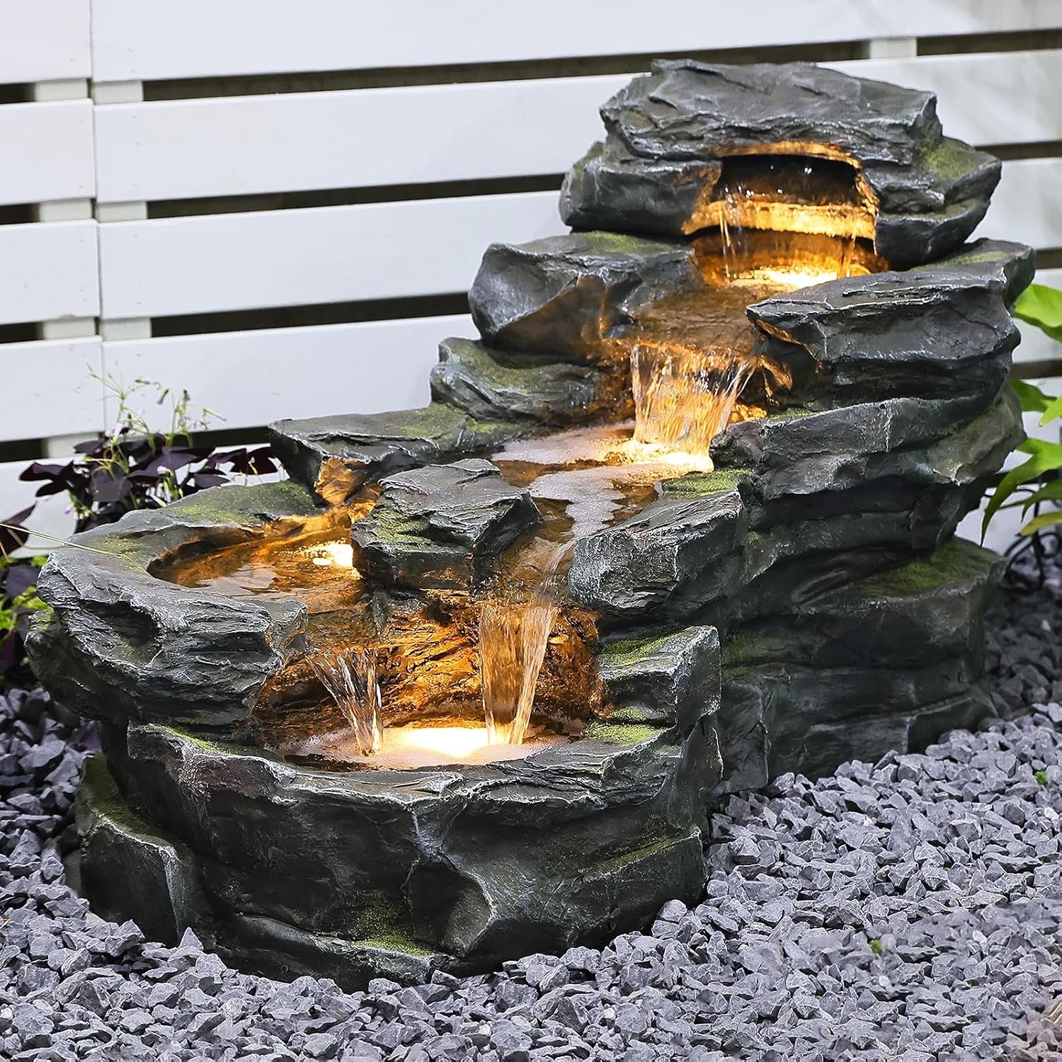 37″ Water Fountain Outdoor, 5-Tier Rock Waterfall Fountain with LED Lights