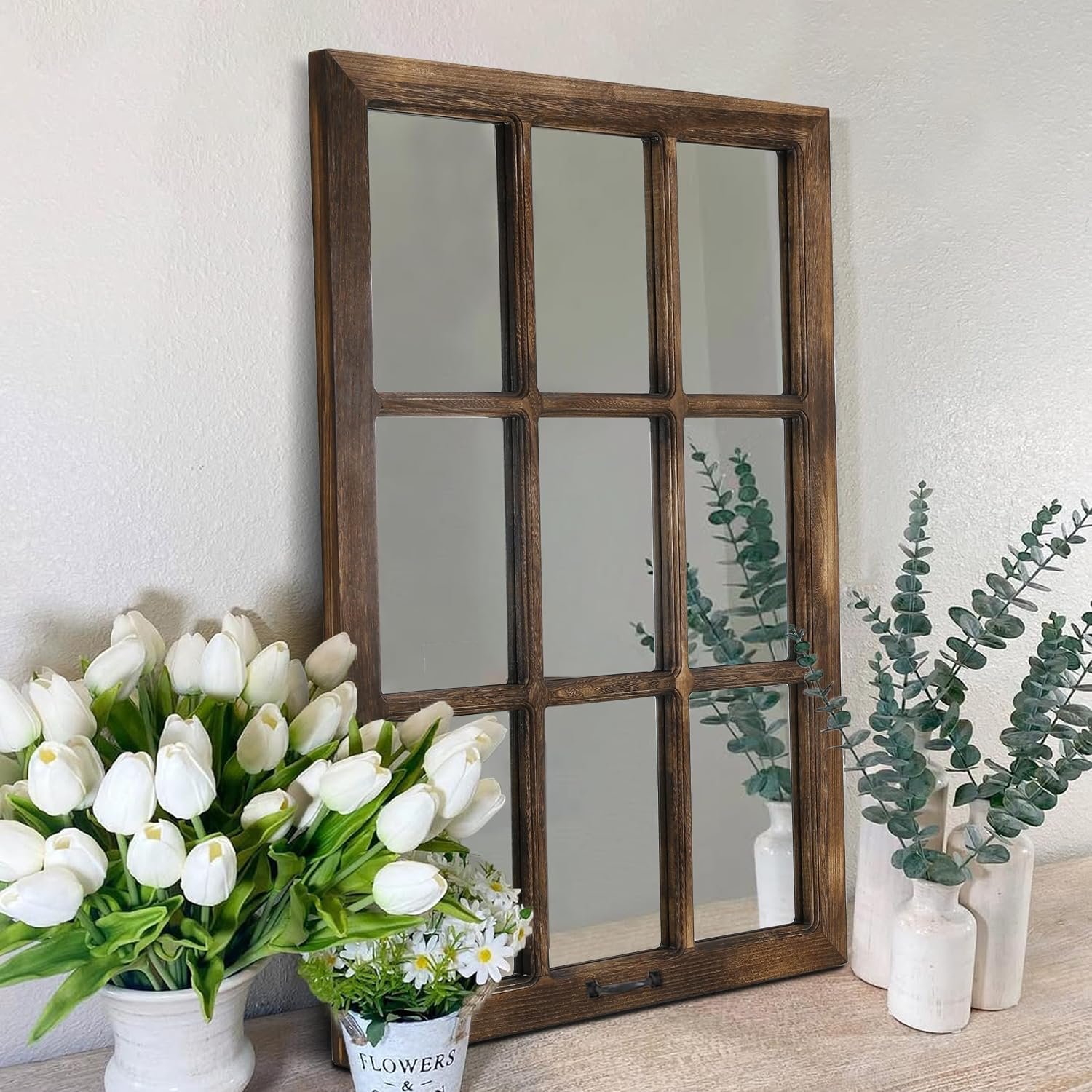 LOSOUR 24″x36″ Vintage Mirror, Solid Wood Windowpane Mirrors, Farmhouse Mirror for Wall, Rustic Home Wall Decor Accents for Bedroom Living Room Dining Room, Mantle, Entryway (1, Brown, 24″X36″)