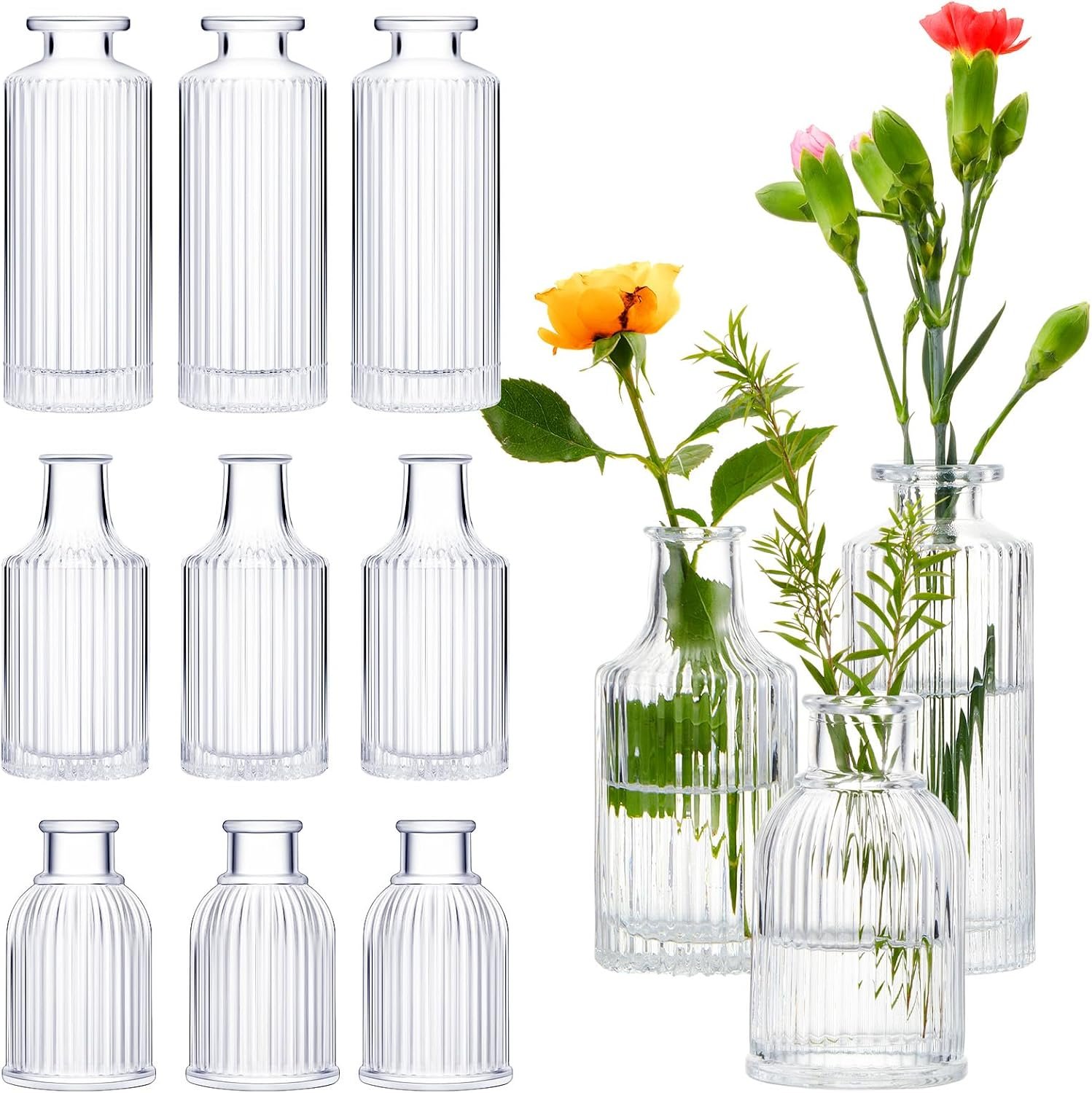 12 Sets Ribbed Glass Bud Vases for Flowers, Mini Vases Set