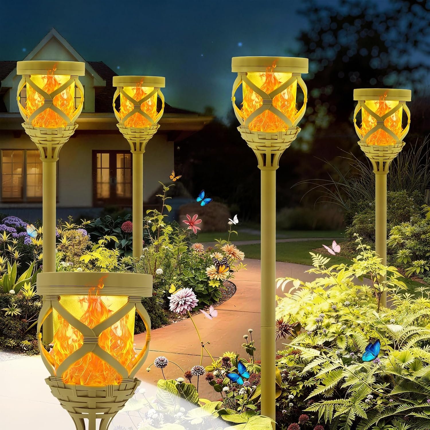 Swingers Solar Lights Outdoor, 4 Pack 33″ Flickering Flame Lights