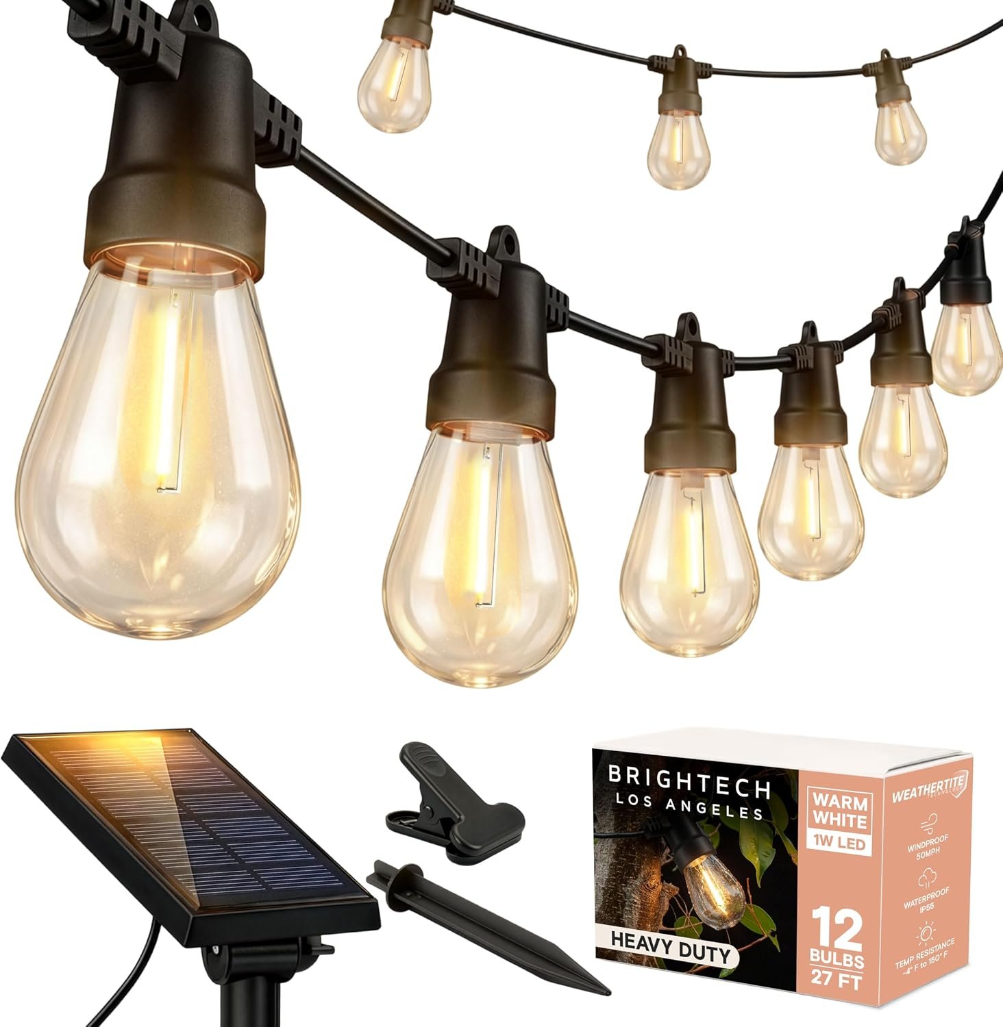 Brightech Ambience Pro Solar Powered Outdoor String Lights – Commercial Grade Patio Lights with 27 Ft Edison Bulbs – Shatterproof LED Solar String Lights – 1W LED, Warm White Light
