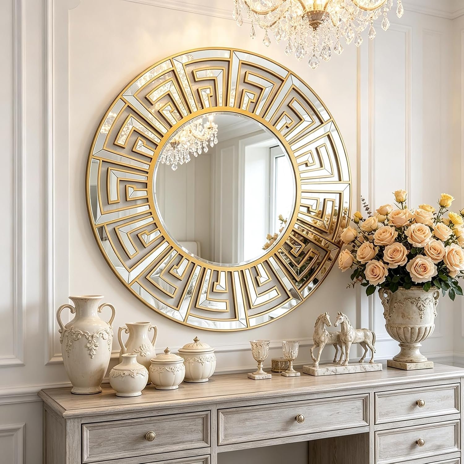 35.5″x35.5″ Large Round Mirrors for Wall Decor Living Room, Gold Decorative Mirror, with Gold Geometric Pattern, Beveled Edge, for Luxury Entryway, Bedroom and Bathroom