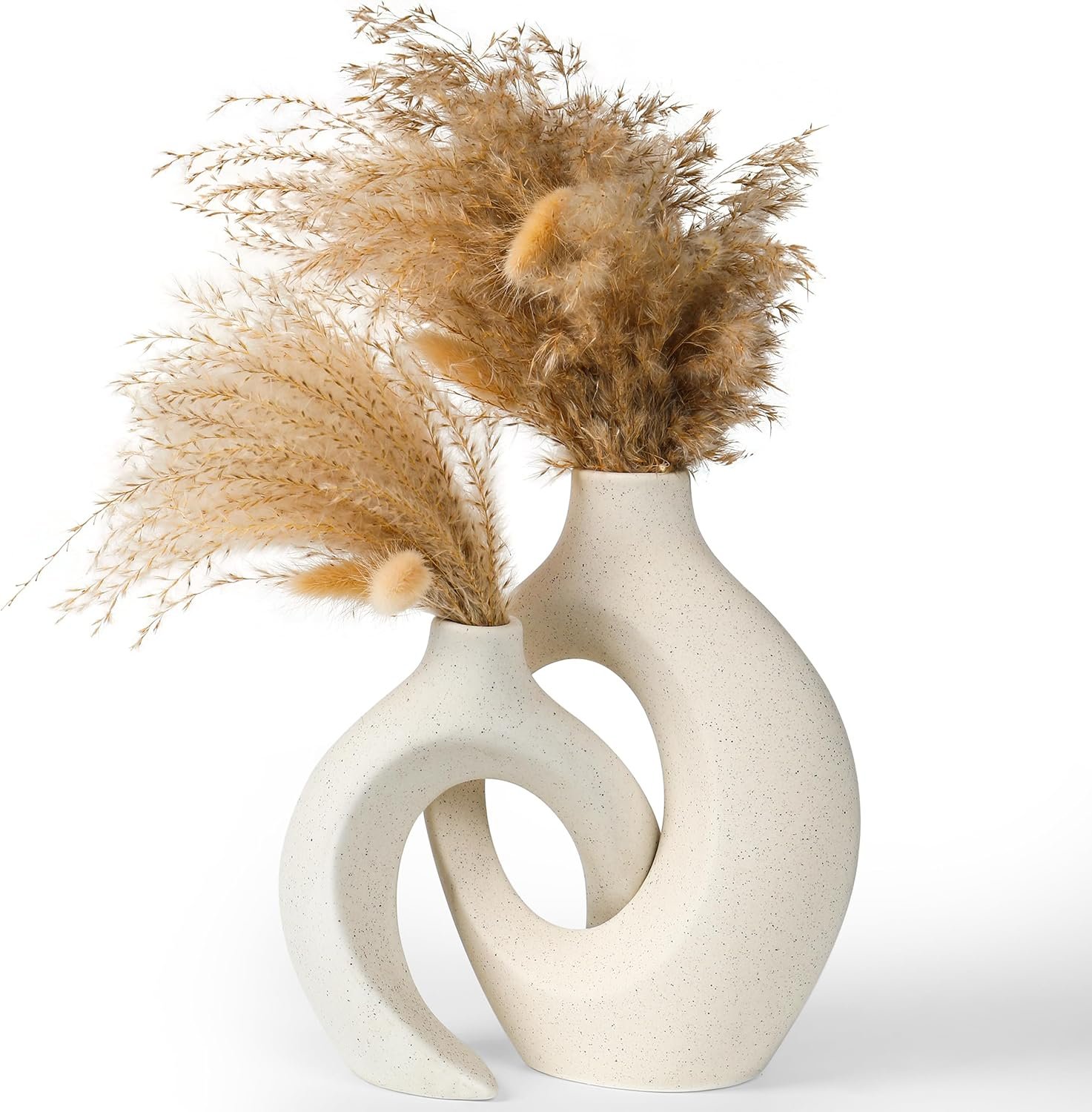 Donut Vase Set of 2, Beige Ceramic Boho Pampas Grass Entryway Decor