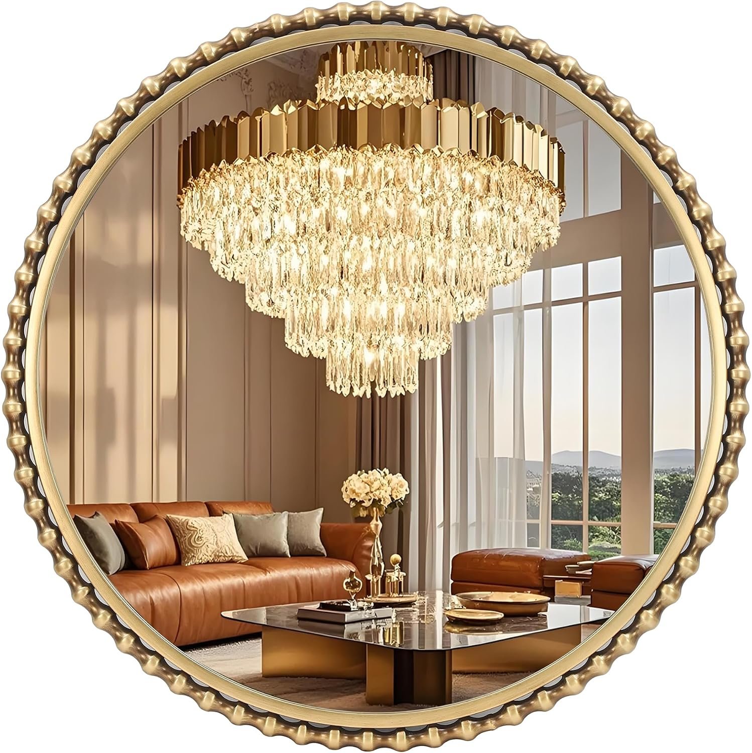 30″ Round Bathroom Mirror, Antique Gold Bold Beaded Frame