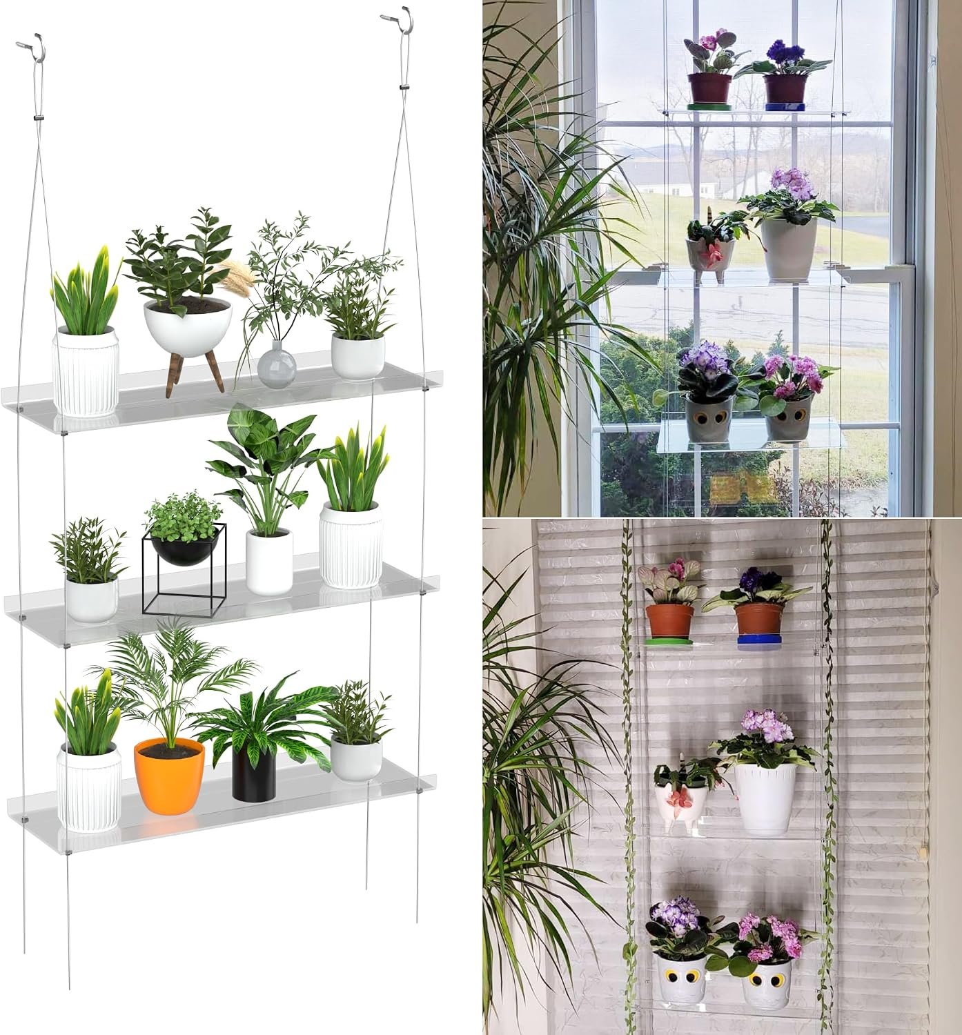 Jolitac Acrylic Window Boxes Plant Shelves for Windows, Acrylic Hanging Window Plant Shelves, Indoor Windows Wall Hanging Plant Stand Flower Display Shelves (Clear, 3-Tier)
