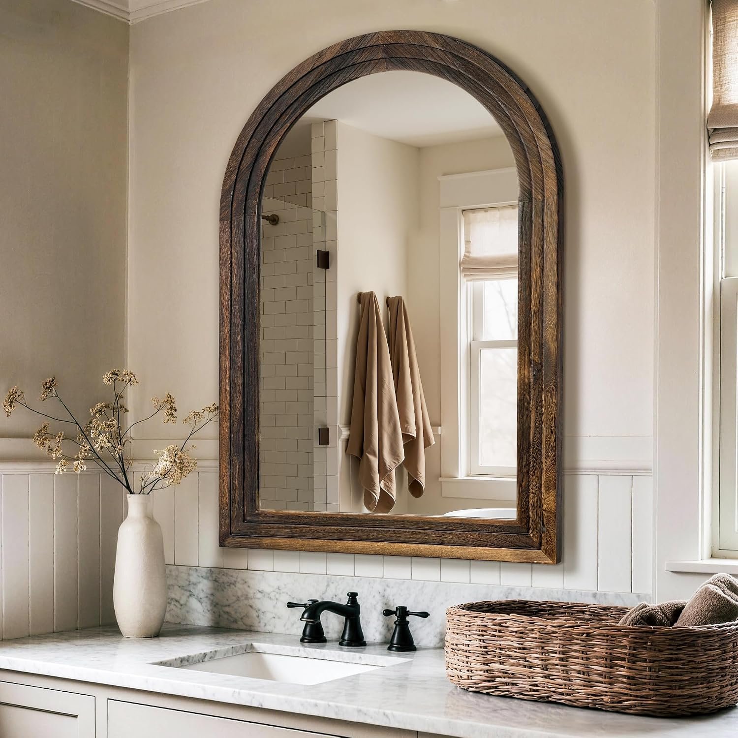 Arched Bathroom Mirror, 38″x26″ Brown Wood Frame Wall Mirror