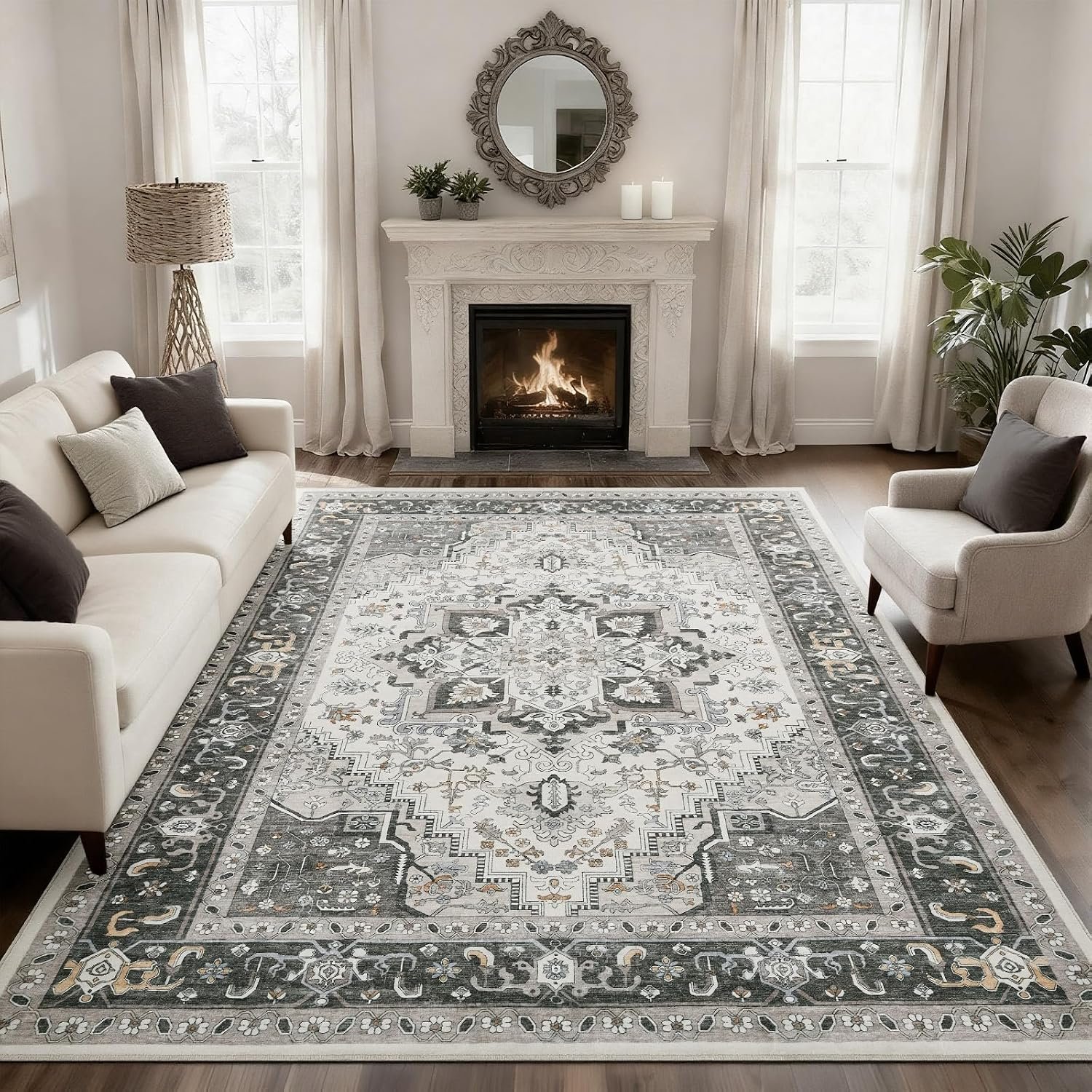 Washable 8X10 Area Rugs for Living Room, Soft Low Pile Vintage Rugs with Non Slip Rubber Backing, Boho Large Carpet for Bedroom, Dining Room, Farmhouse, Nursery, Home Office
