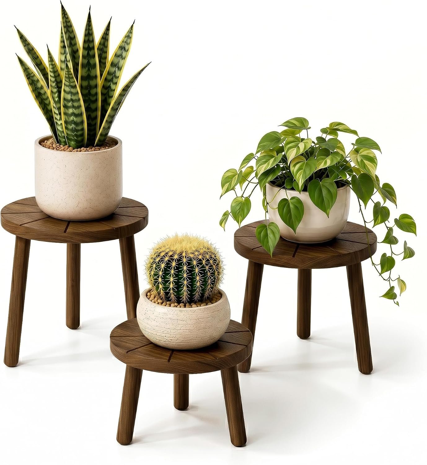 Delma Wood Plant Stands 3-Pack Indoor, Plant Stool, Dark Brown