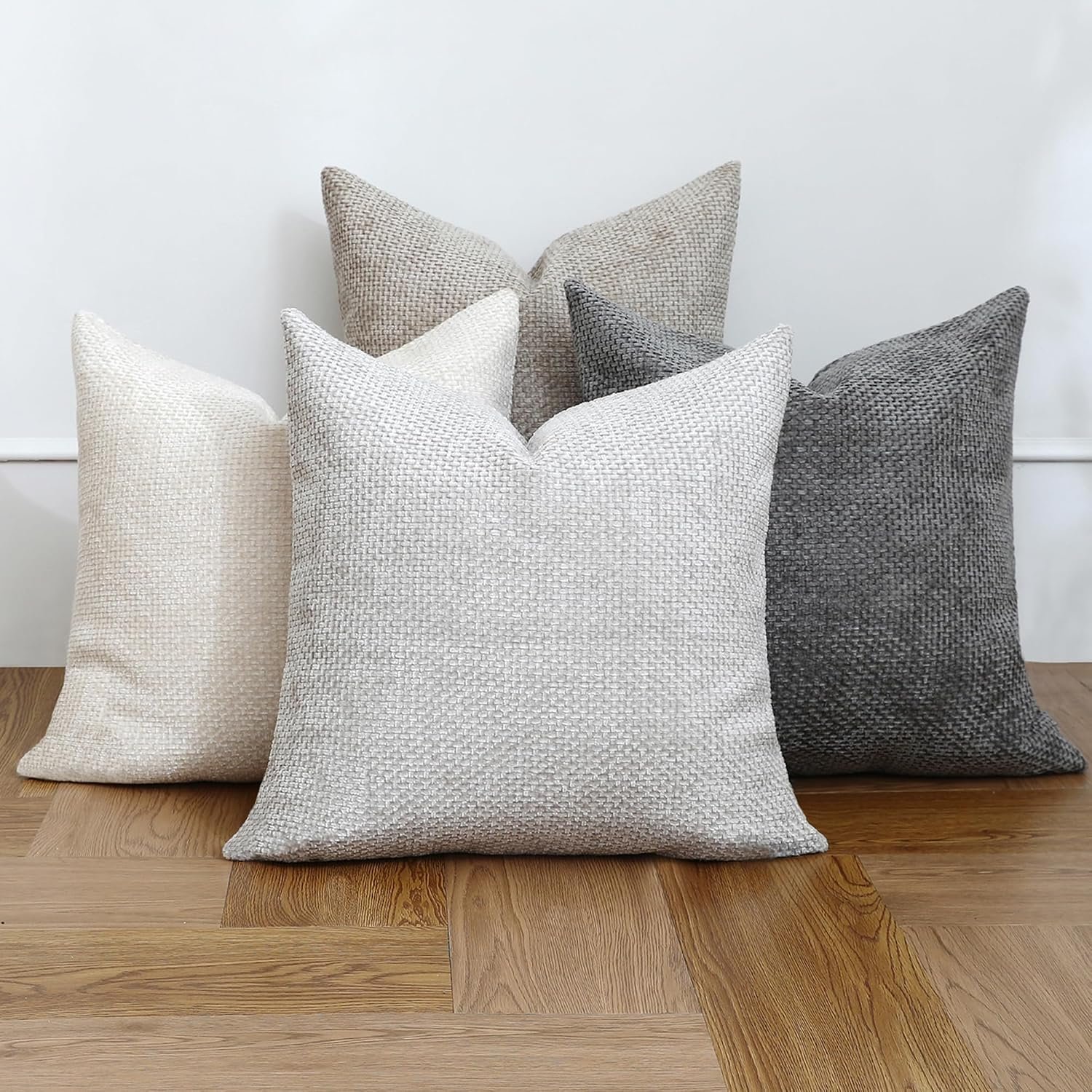 Stellhome Set of 4 Neutral Decorative Throw Pillow Covers Soft Chenille Woven Textured Luxury Accent Cushion Cases for Living Room Couch Bed Sofa Farmhouse Boho Home, 18×18 inch, Neutral