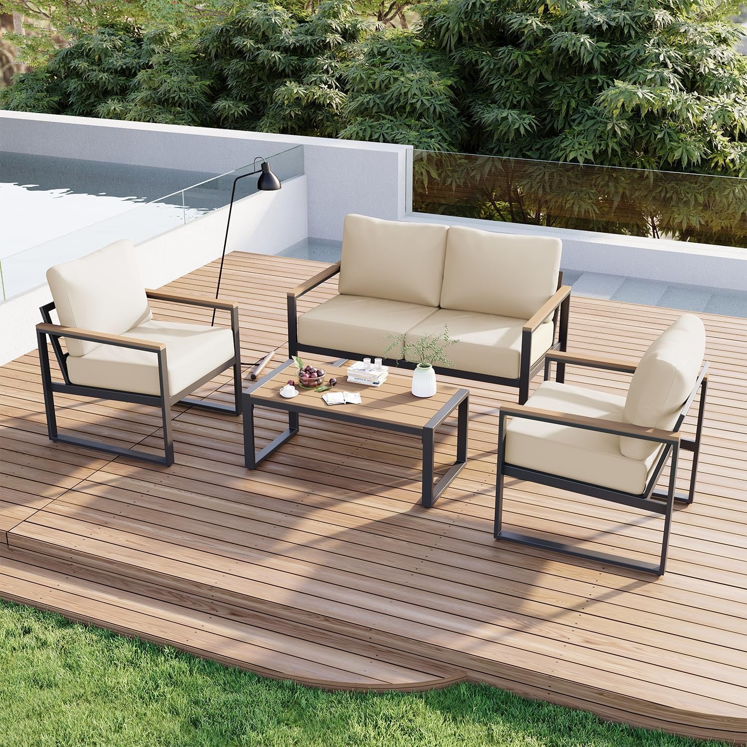 Aoxun Patio Furniture Set, 4 Piece Outdoor Patio Furniture with Thick Cushions, Modern Metal Outdoor Conversation Sets with Coffee Table for Porch, Balcony, Deck Cream
